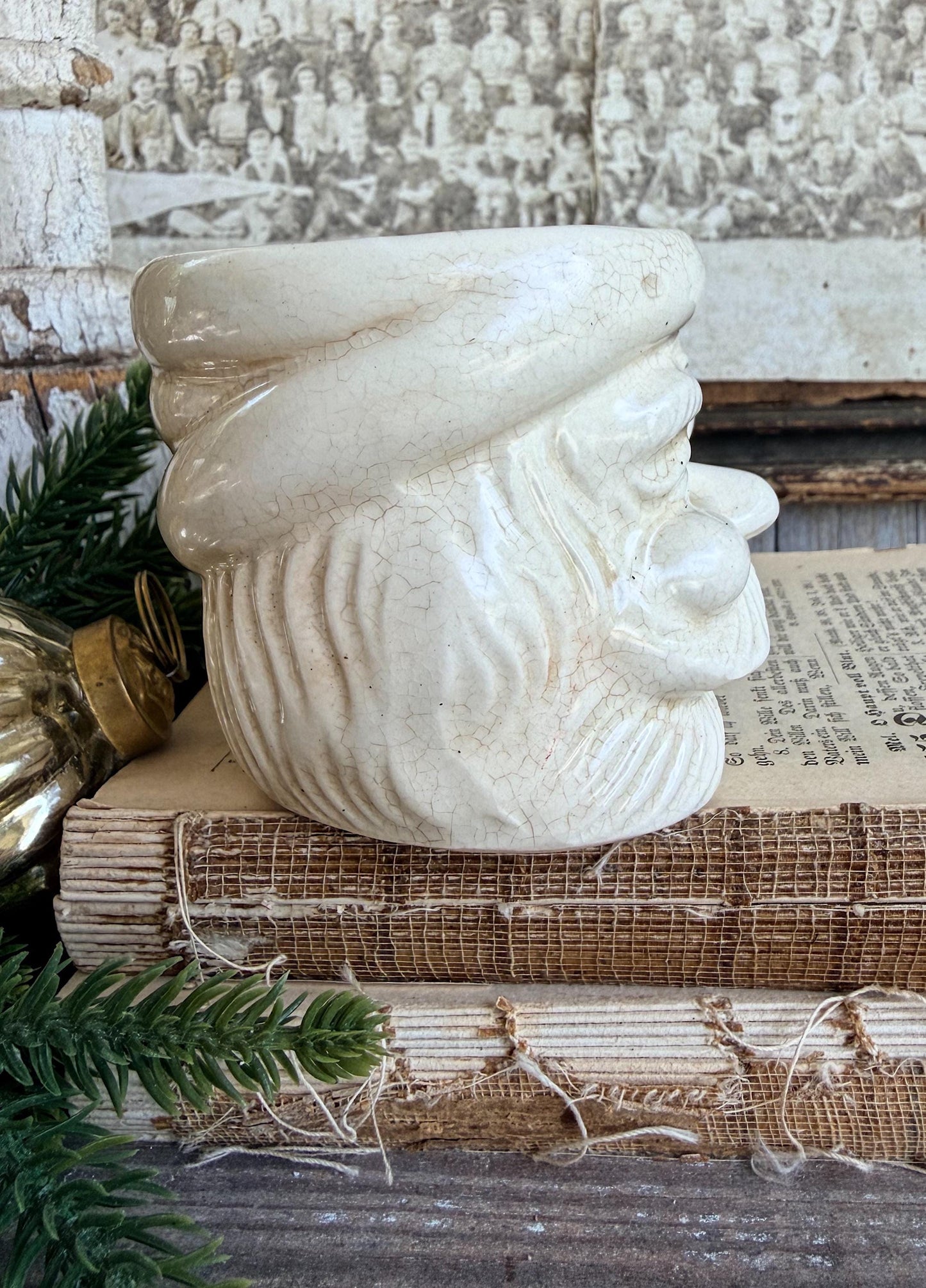 Vintage Ironstone Santa Claus Cup Mug FULL SIZE Creamy White Santa Farmhouse Christmas Decor RARE Japan Crazing Grungy Crazed