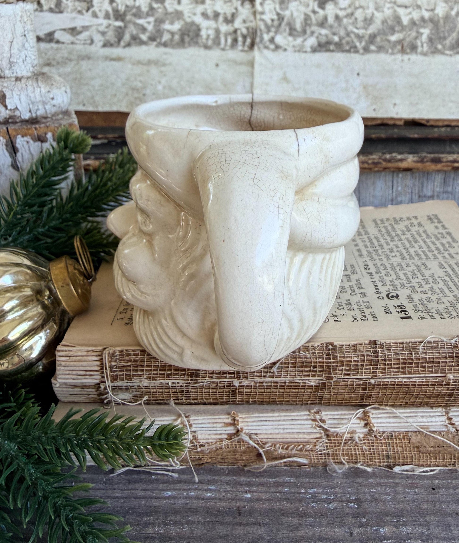 Vintage Ironstone Santa Claus Cup Mug FULL SIZE Creamy White Santa Farmhouse Christmas Decor RARE Japan Crazing Grungy Crazed