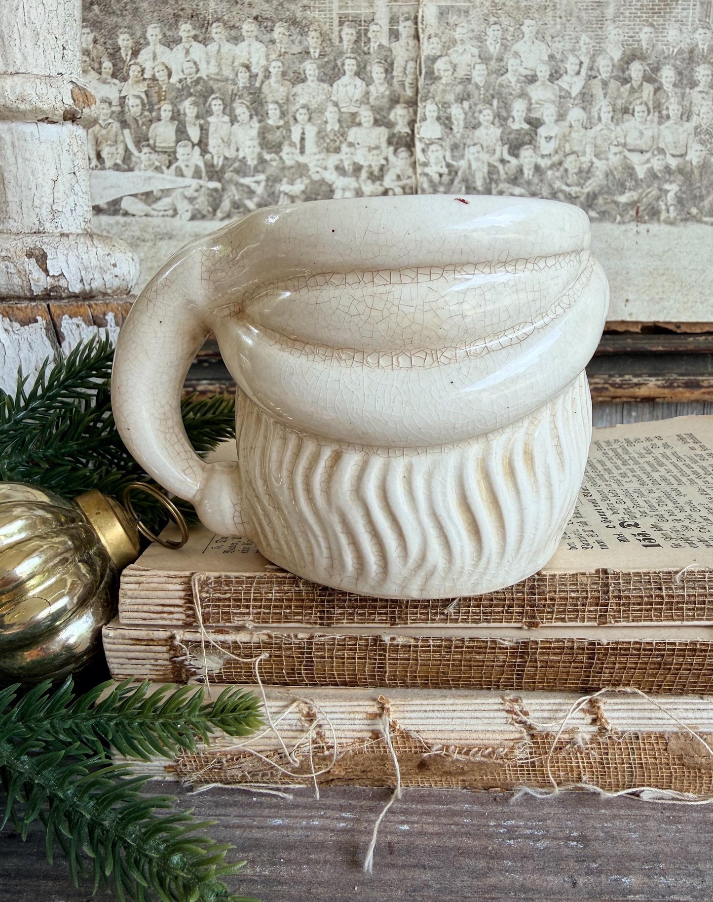 Vintage Ironstone Santa Claus Cup Mug FULL SIZE Creamy White Santa Farmhouse Christmas Decor RARE Japan Crazing Grungy Crazed