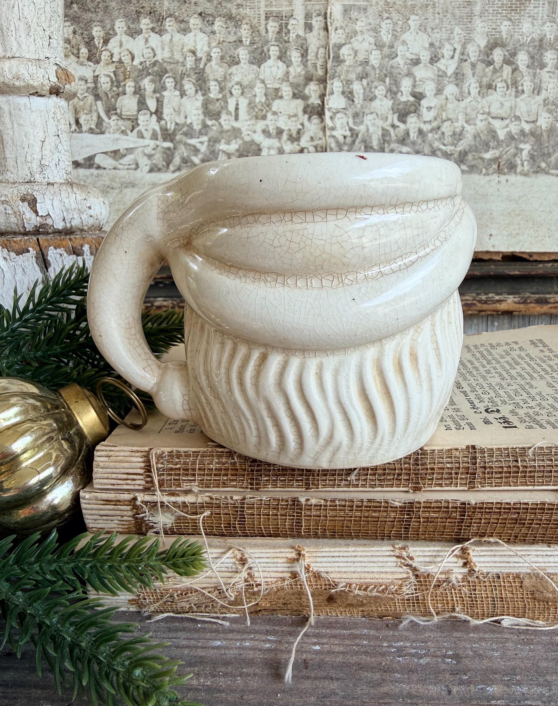 Vintage Ironstone Santa Claus Cup Mug FULL SIZE Creamy White Santa Farmhouse Christmas Decor RARE Japan Crazing Grungy Crazed