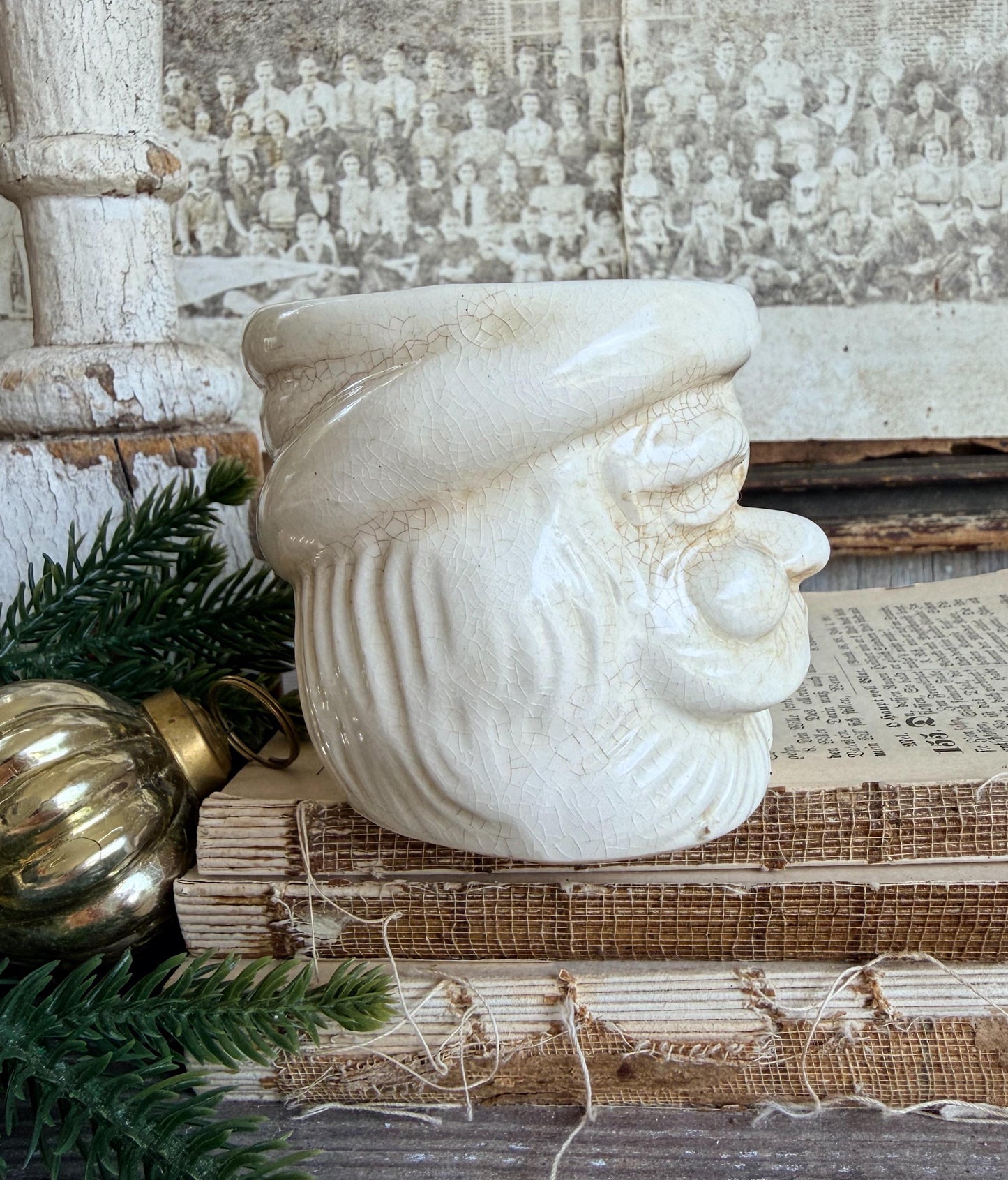 Vintage Ironstone Santa Claus Cup Mug FULL SIZE Creamy White Santa Farmhouse Christmas Decor RARE Japan Crazing Grungy Crazed