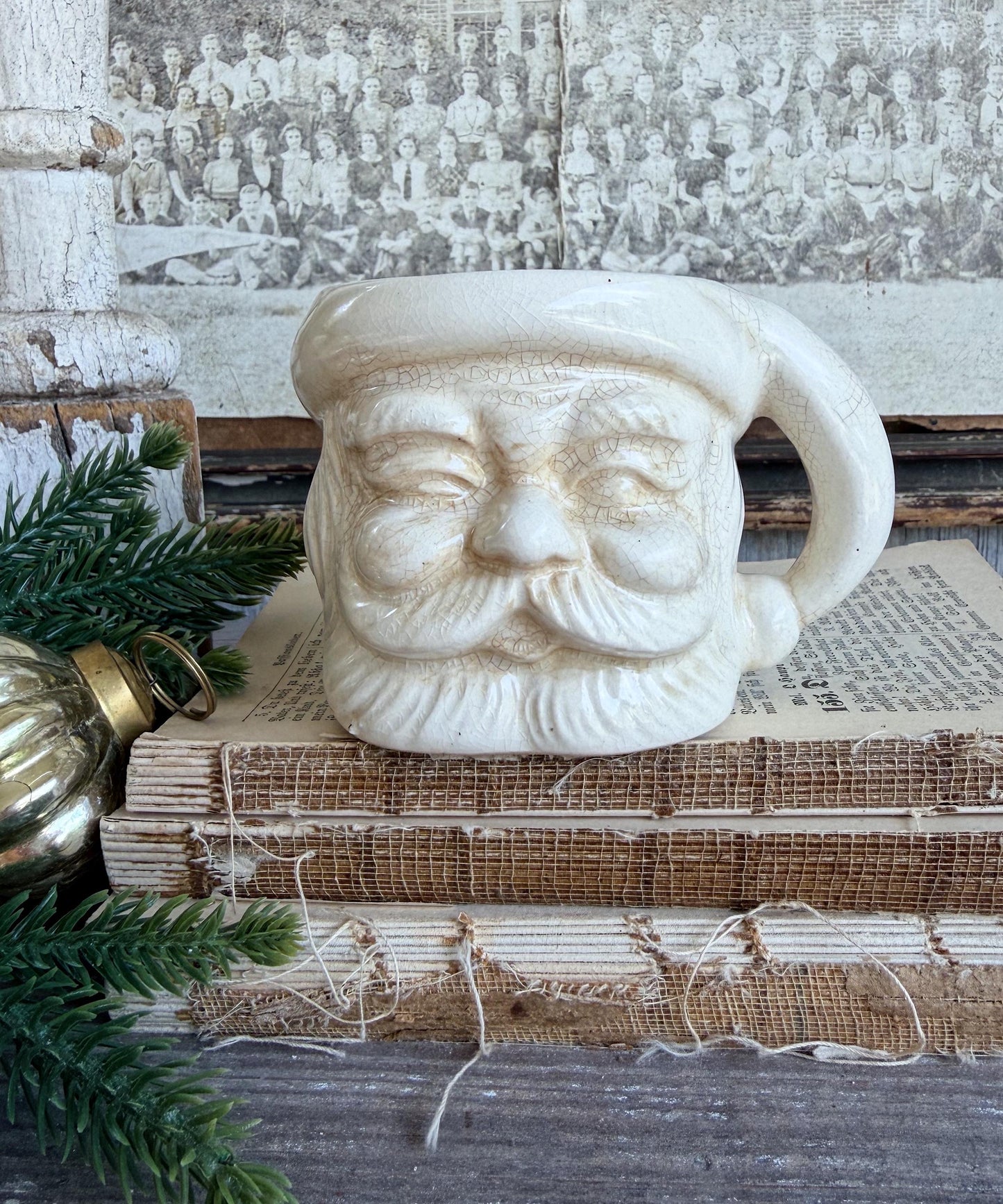 Vintage Ironstone Santa Claus Cup Mug FULL SIZE Creamy White Santa Farmhouse Christmas Decor RARE Japan Crazing Grungy Crazed