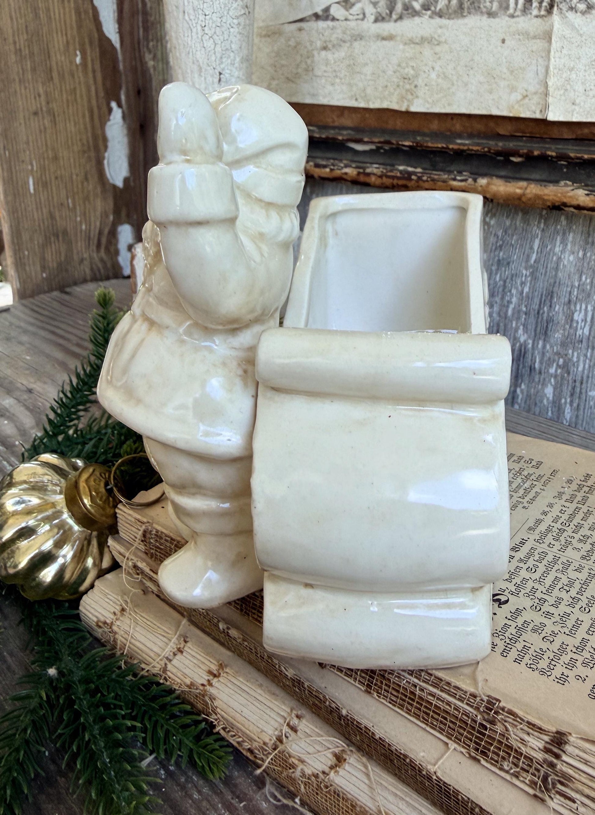 Vintage SANTA SLEIGH PLANTER White Ironstone Farmhouse Christmas Decor Japan