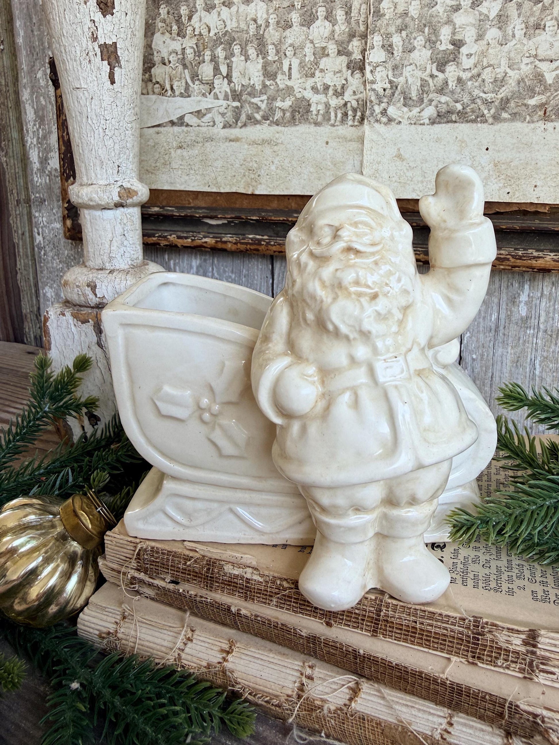 Vintage SANTA SLEIGH PLANTER White Ironstone Farmhouse Christmas Decor Japan