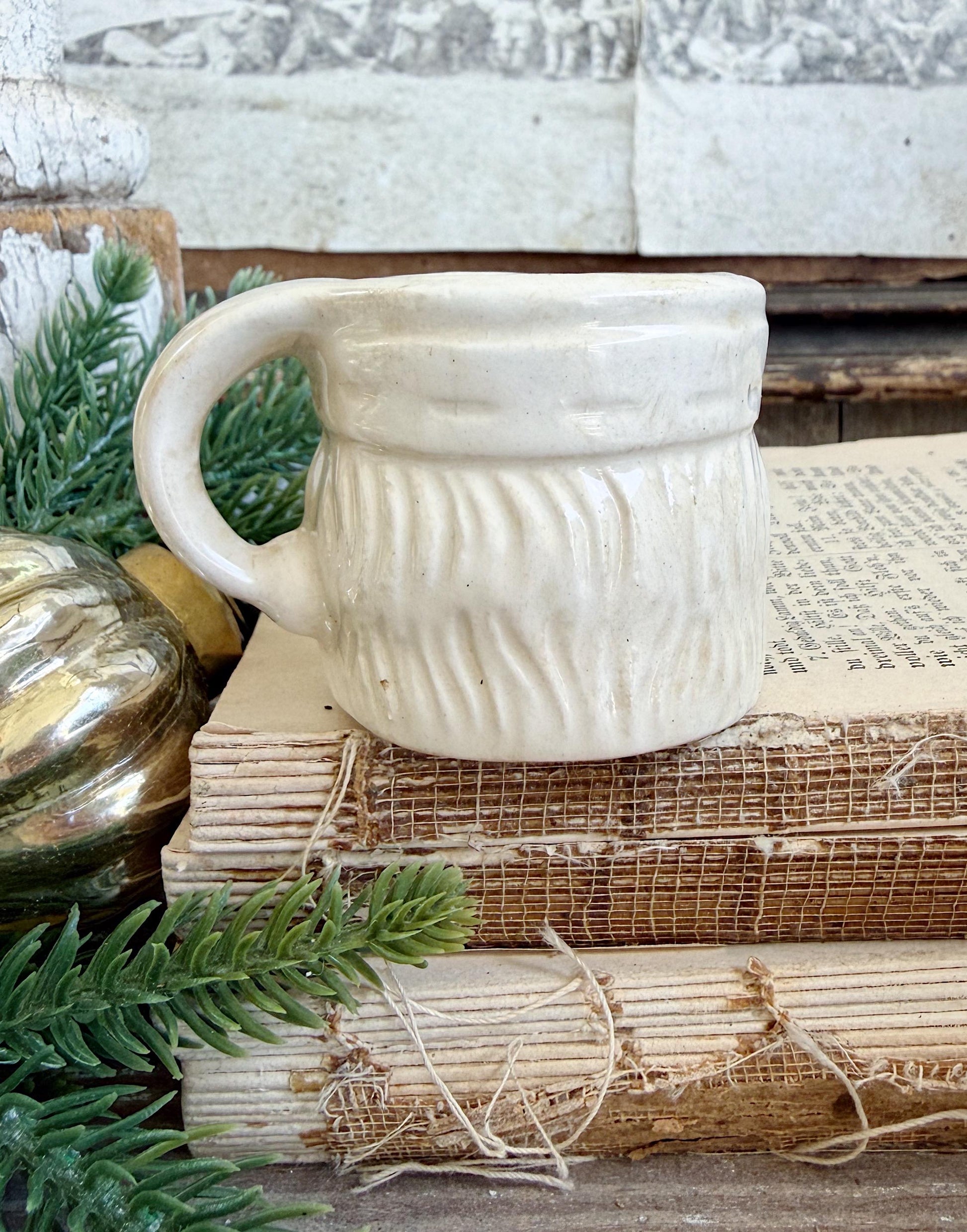 Vintage Ironstone Santa Claus Cup Mini Mug Santa Crazed Stained WHITE Farmhouse Christmas Decor JAPAN