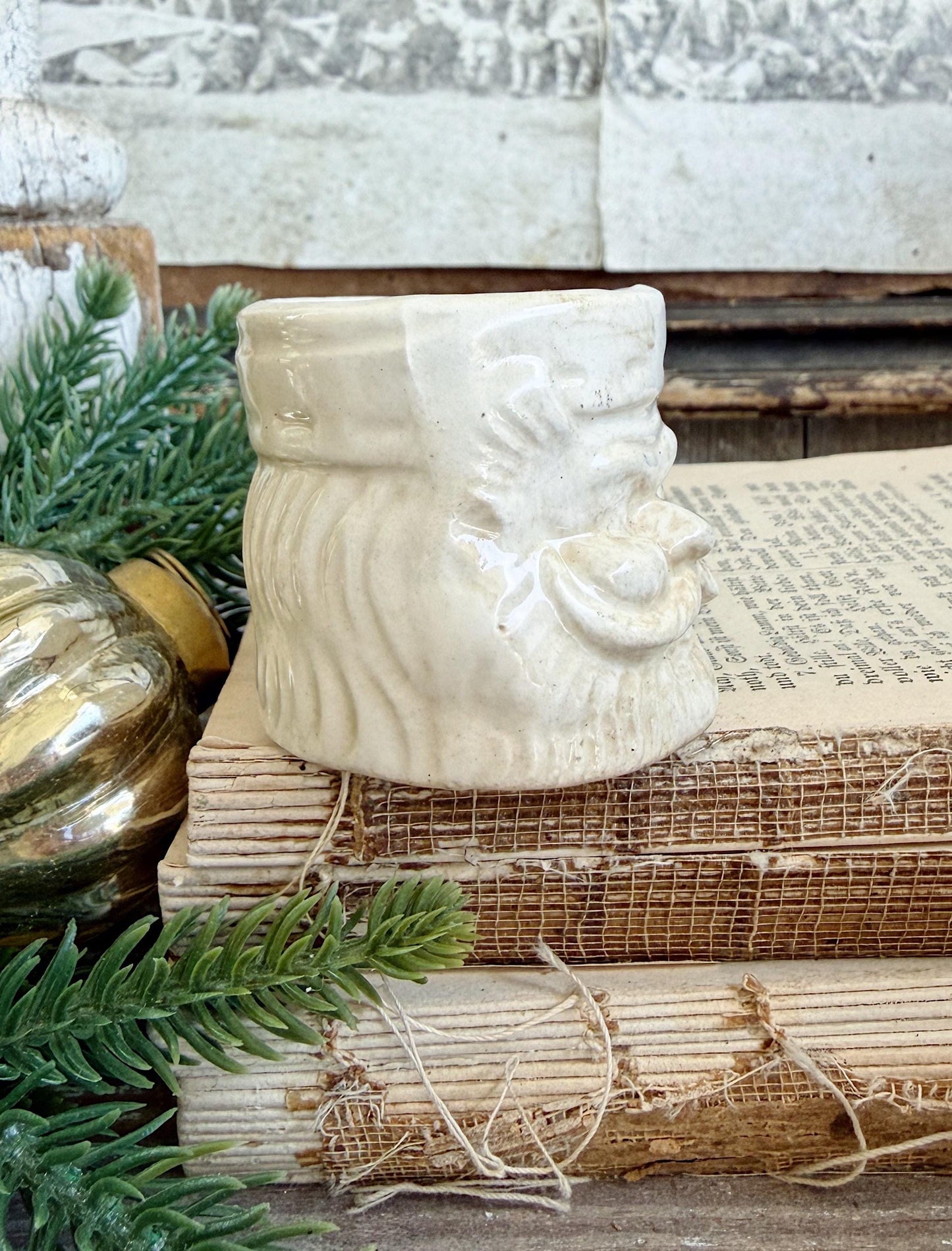 Vintage Ironstone Santa Claus Cup Mini Mug Santa Crazed Stained WHITE Farmhouse Christmas Decor JAPAN
