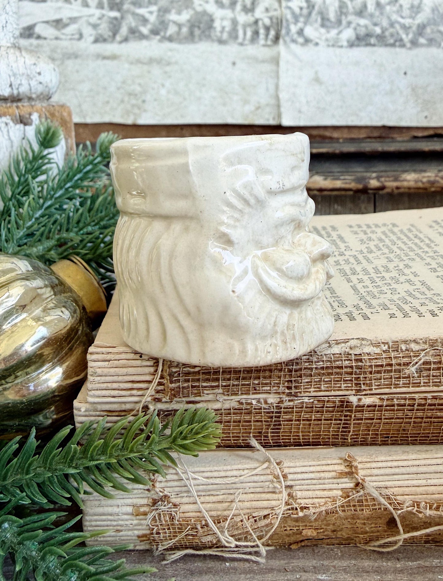 Vintage Ironstone Santa Claus Cup Mini Mug Santa Crazed Stained WHITE Farmhouse Christmas Decor JAPAN