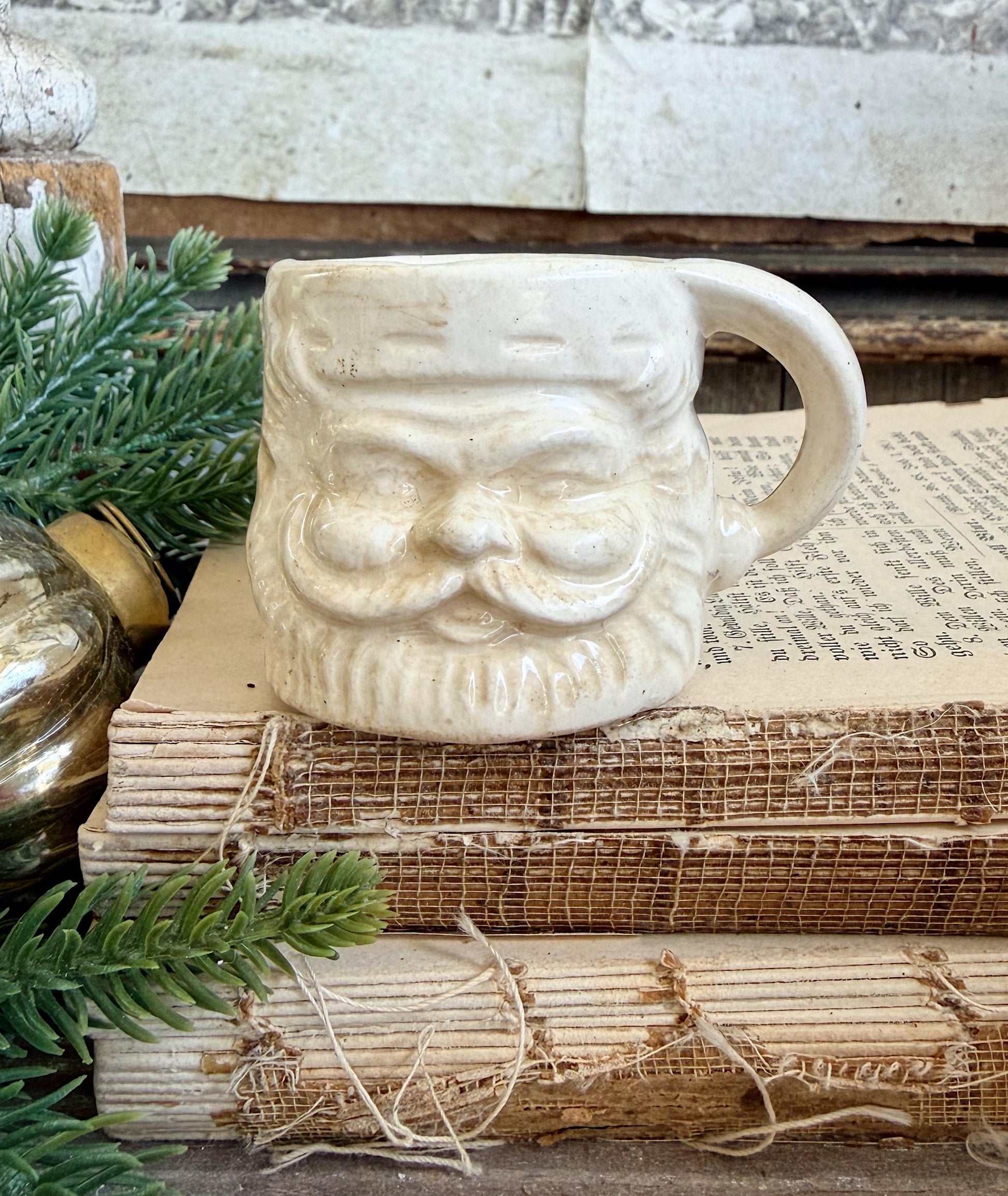 Vintage Ironstone Santa Claus Cup Mini Mug Santa Crazed Stained WHITE Farmhouse Christmas Decor JAPAN