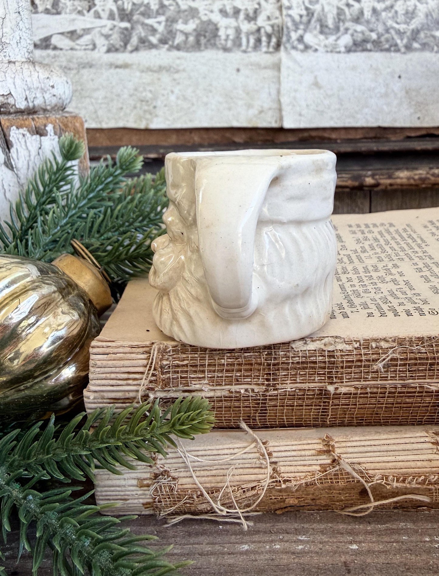Vintage Ironstone Santa Claus Cup Mini Mug Santa Crazed Stained WHITE Farmhouse Christmas Decor JAPAN