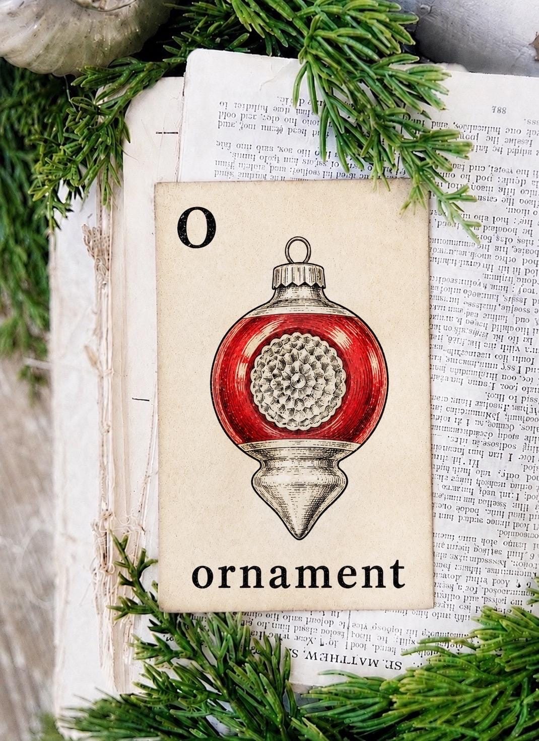 ORNAMENT Flash Card RED Vintage Christmas Farmhouse Decor Party