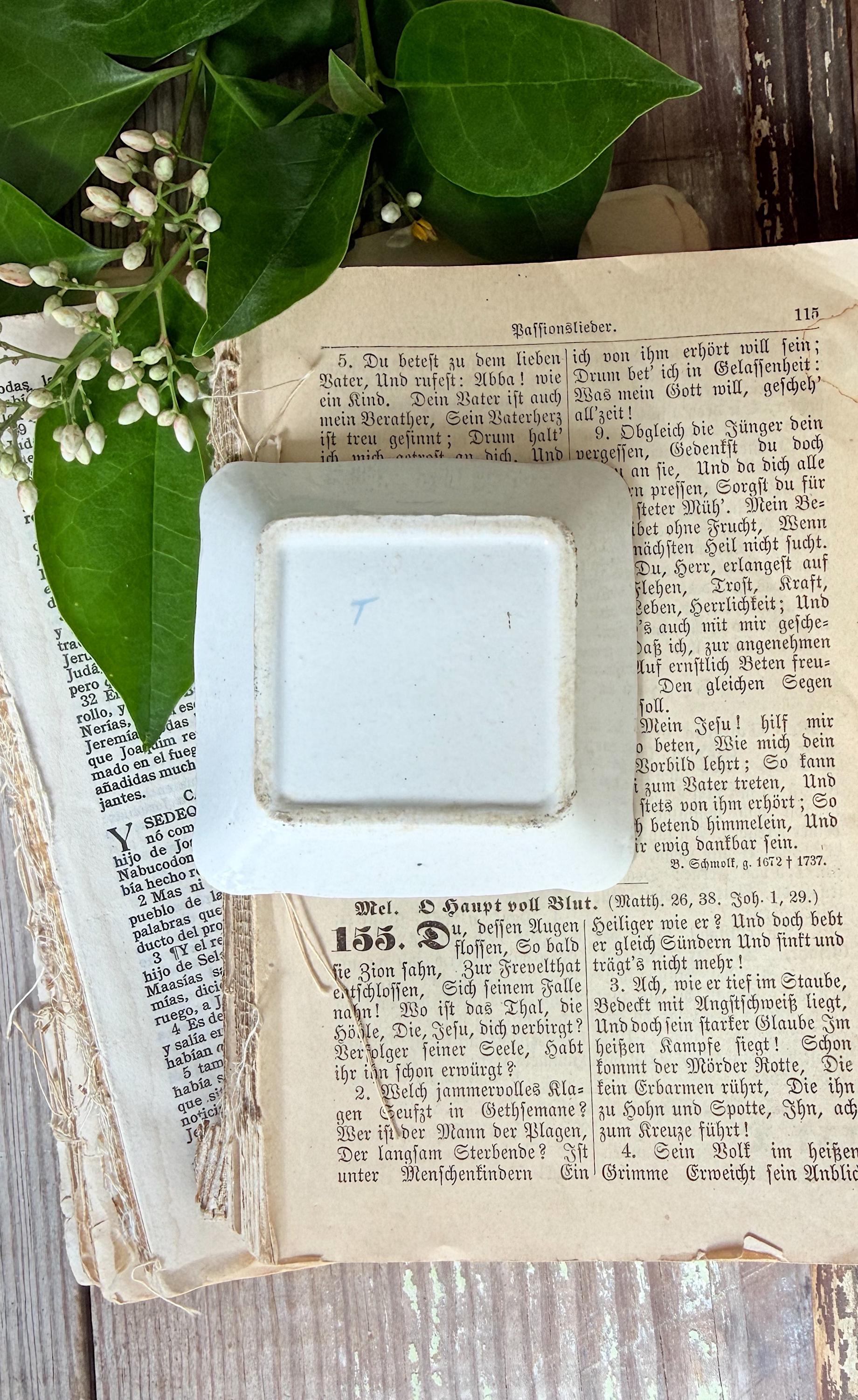 Antique SQUARE White Ironstone Butter Pat Transferware Floral Farmhouse Decor