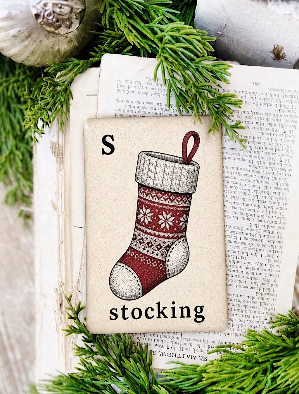 STOCKING Flash Card Vintage Christmas Farmhouse Decor Party