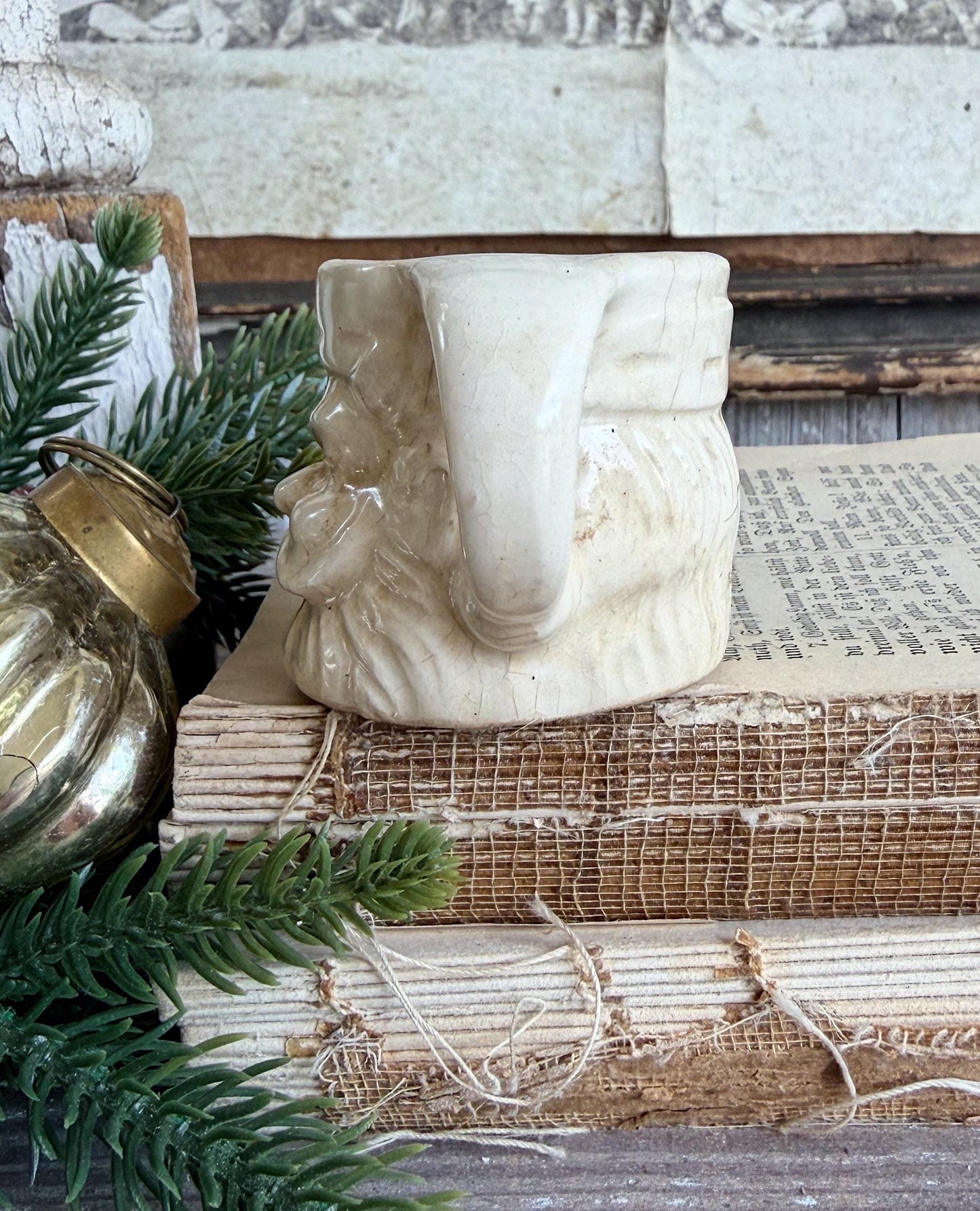 Vintage Ironstone Santa Claus Cup Mini Mug Santa Crazed Stained WHITE Farmhouse Christmas Decor JAPAN