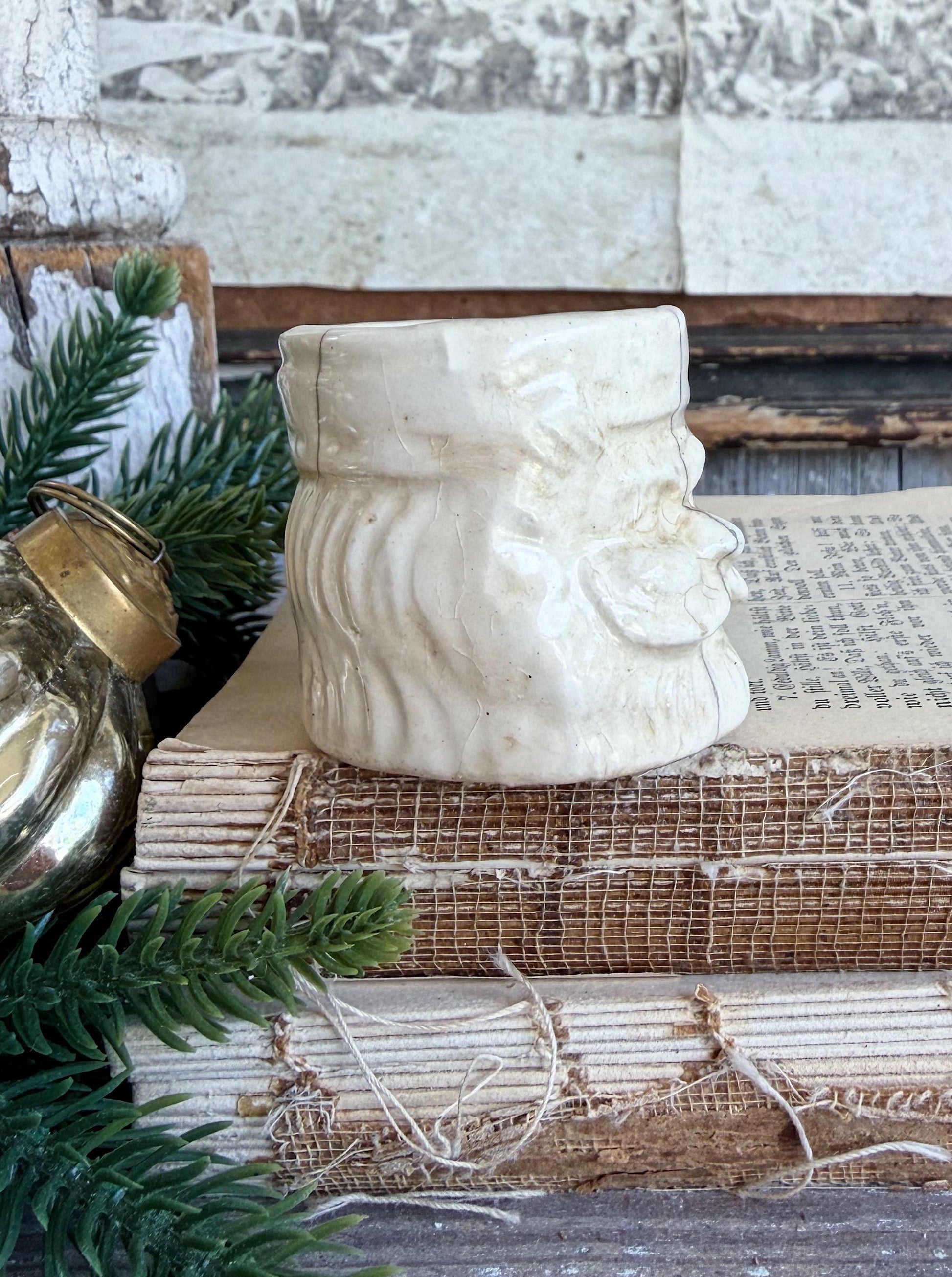 Vintage Ironstone Santa Claus Cup Mini Mug Santa Crazed Stained WHITE Farmhouse Christmas Decor JAPAN