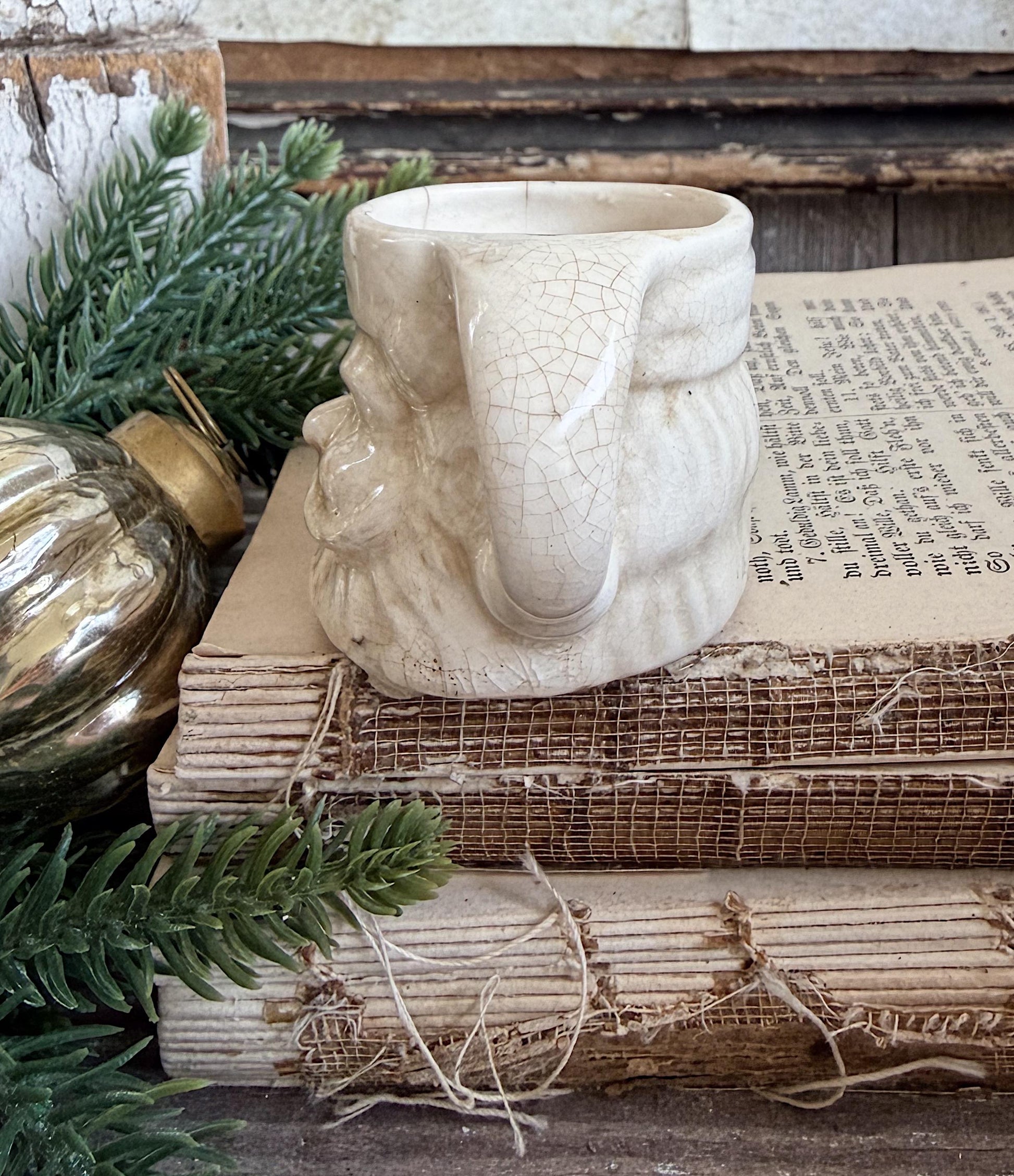 Vintage Ironstone Santa Claus Cup Mini Mug Santa Crazed Stained WHITE Farmhouse Christmas Decor JAPAN