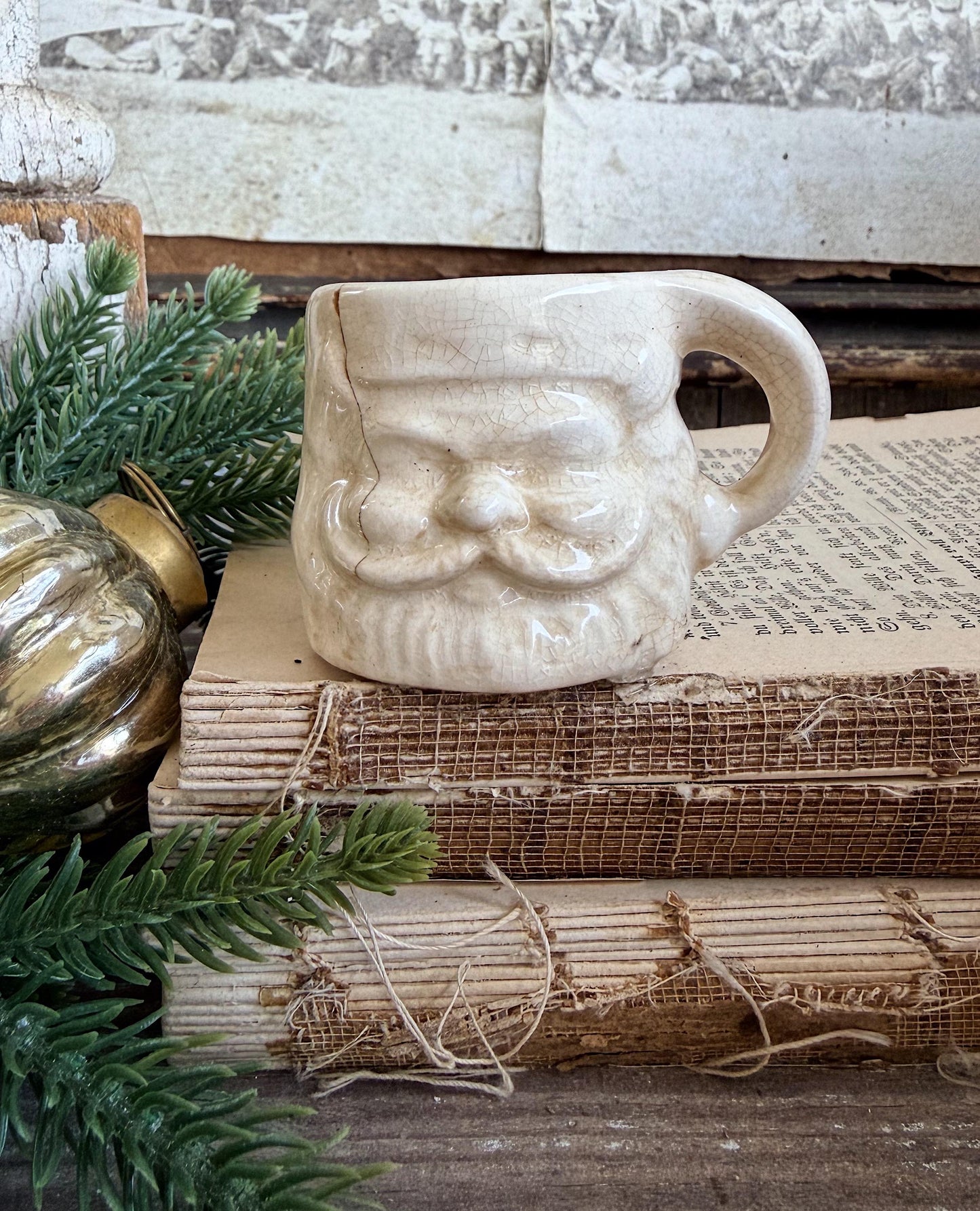 Vintage Ironstone Santa Claus Cup Mini Mug Santa Crazed Stained WHITE Farmhouse Christmas Decor JAPAN