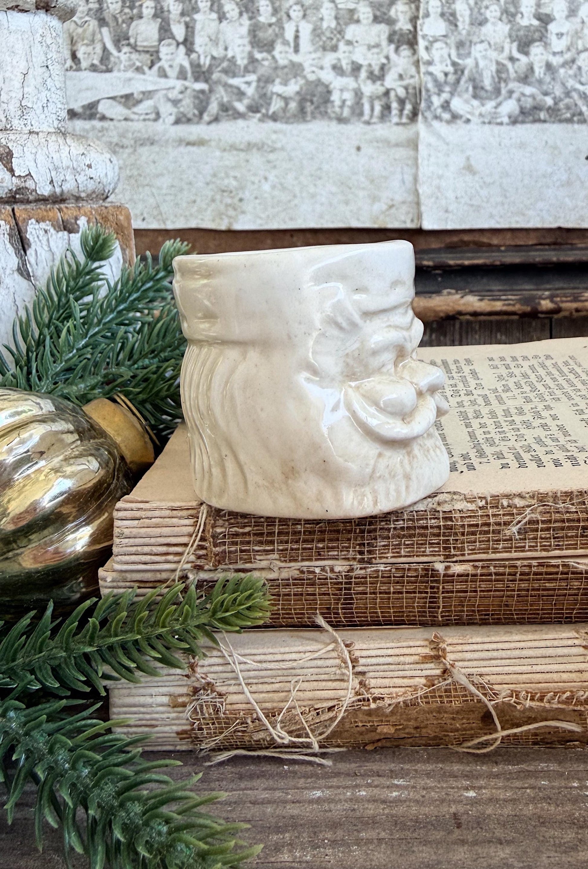 Vintage Ironstone Santa Claus Cup Mini Mug Santa Crazed Stained WHITE Farmhouse Christmas Decor JAPAN