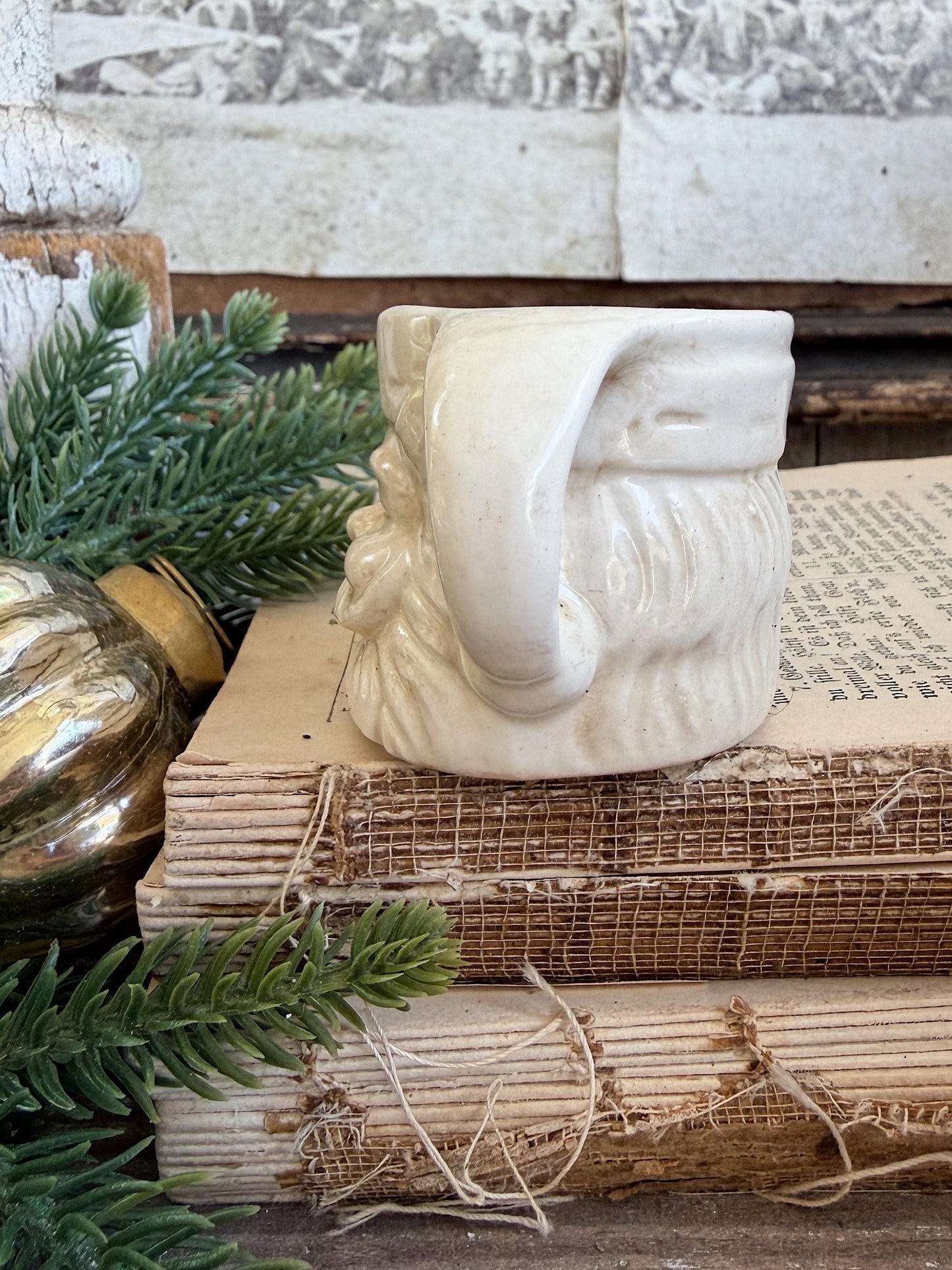 Vintage Ironstone Santa Claus Cup Mini Mug Santa Crazed Stained WHITE Farmhouse Christmas Decor JAPAN