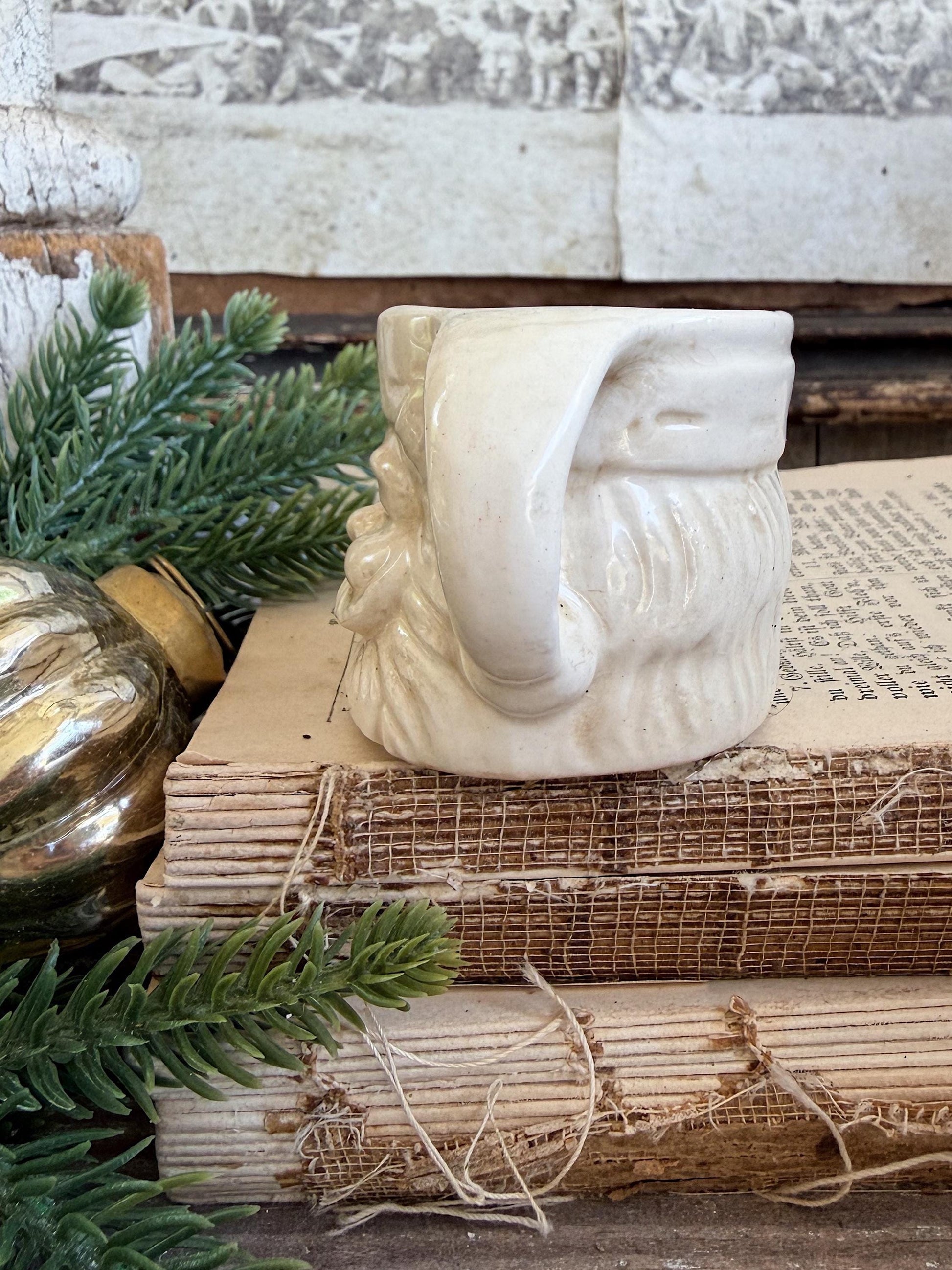 Vintage Ironstone Santa Claus Cup Mini Mug Santa Crazed Stained WHITE Farmhouse Christmas Decor JAPAN