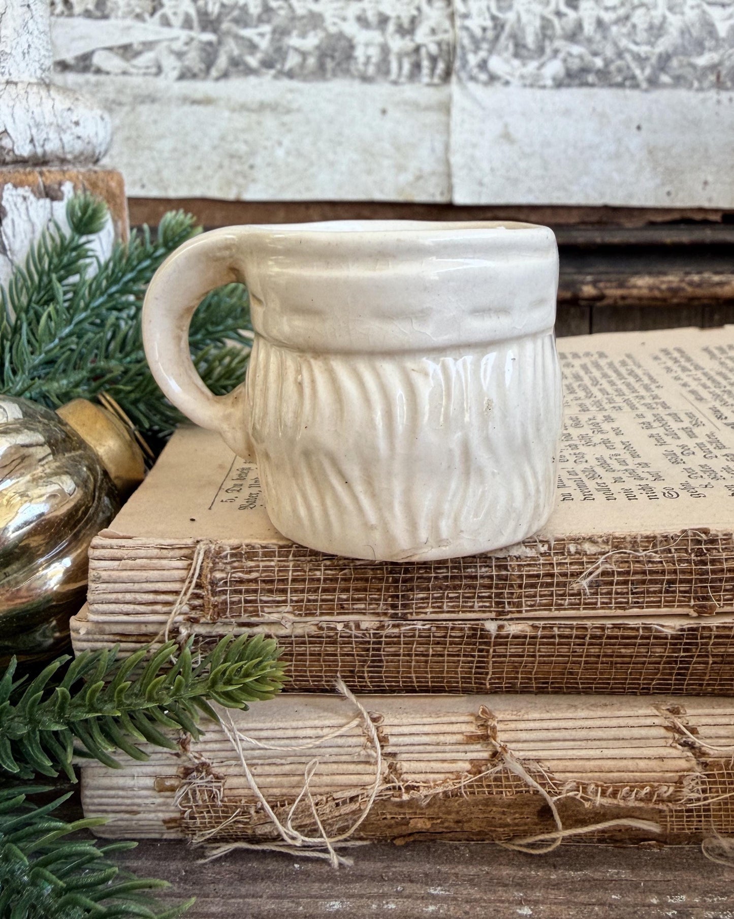 Vintage Ironstone Santa Claus Cup Mini Mug Santa Crazed Stained WHITE Farmhouse Christmas Decor JAPAN