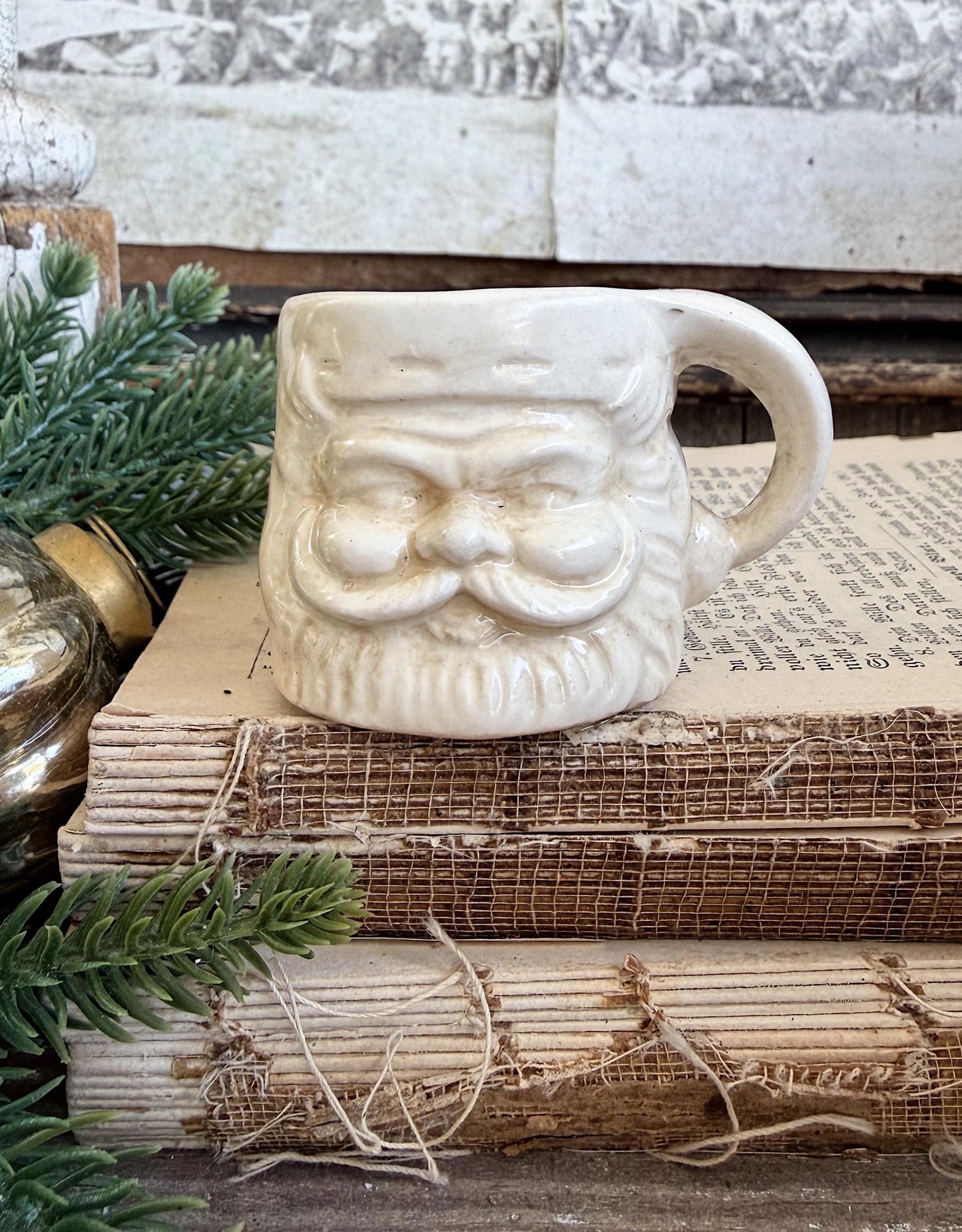 Vintage Ironstone Santa Claus Cup Mini Mug Santa Crazed Stained WHITE Farmhouse Christmas Decor JAPAN