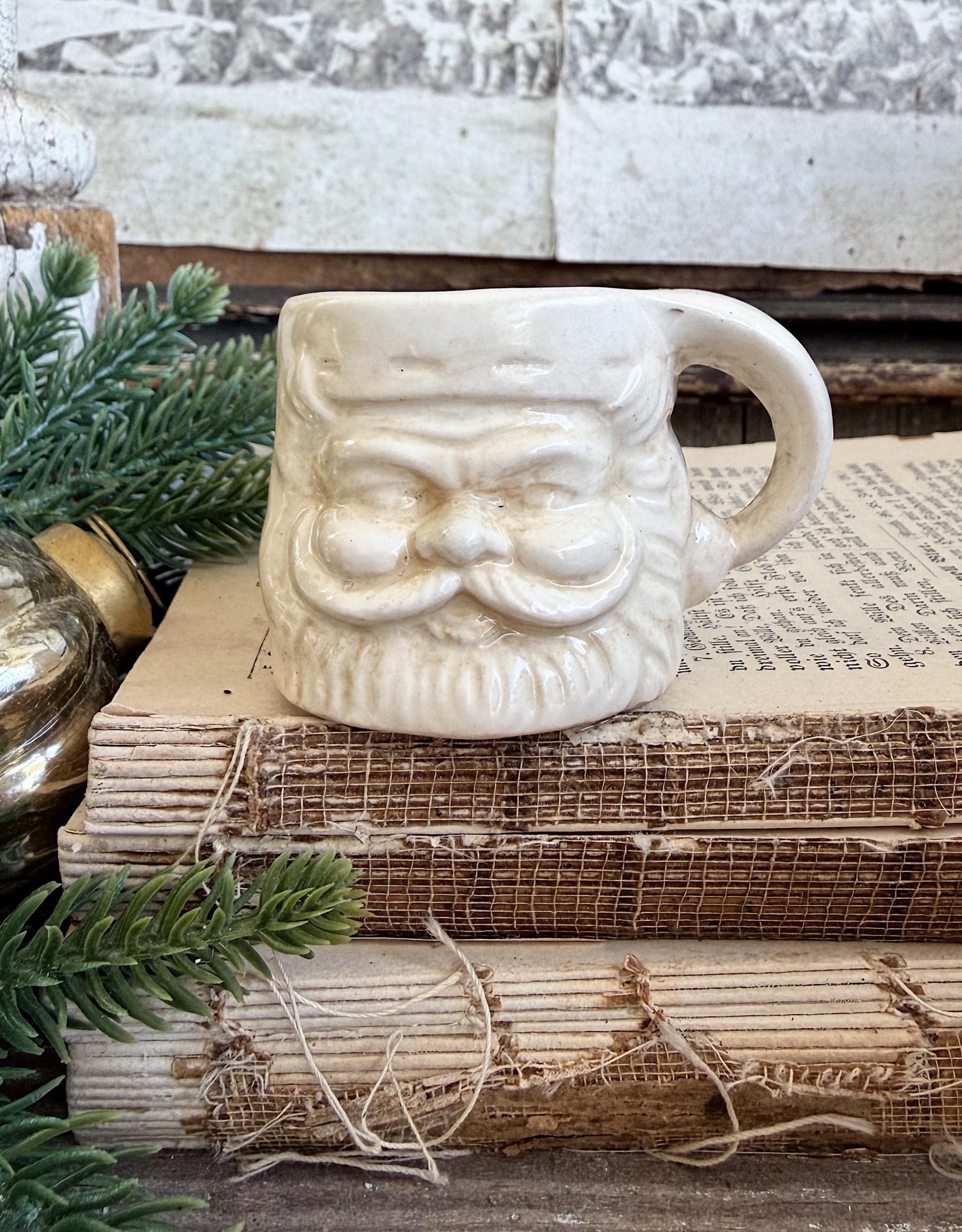 Vintage Ironstone Santa Claus Cup Mini Mug Santa Crazed Stained WHITE Farmhouse Christmas Decor JAPAN