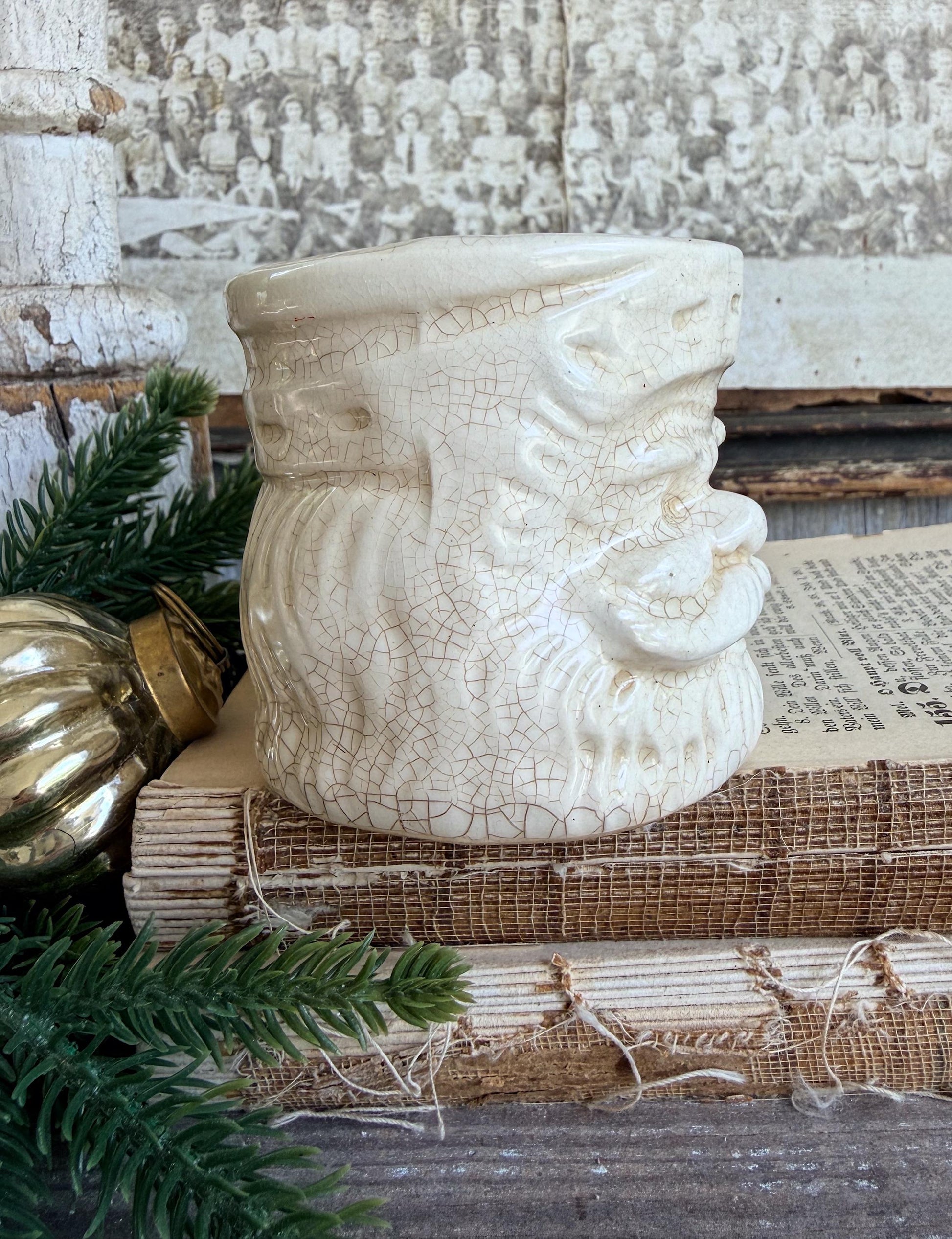 Vintage Ironstone Santa Claus Cup Mug FULL SIZE Creamy White Santa Farmhouse Christmas Decor RARE Japan Crazing Grungy Heavily Crazed