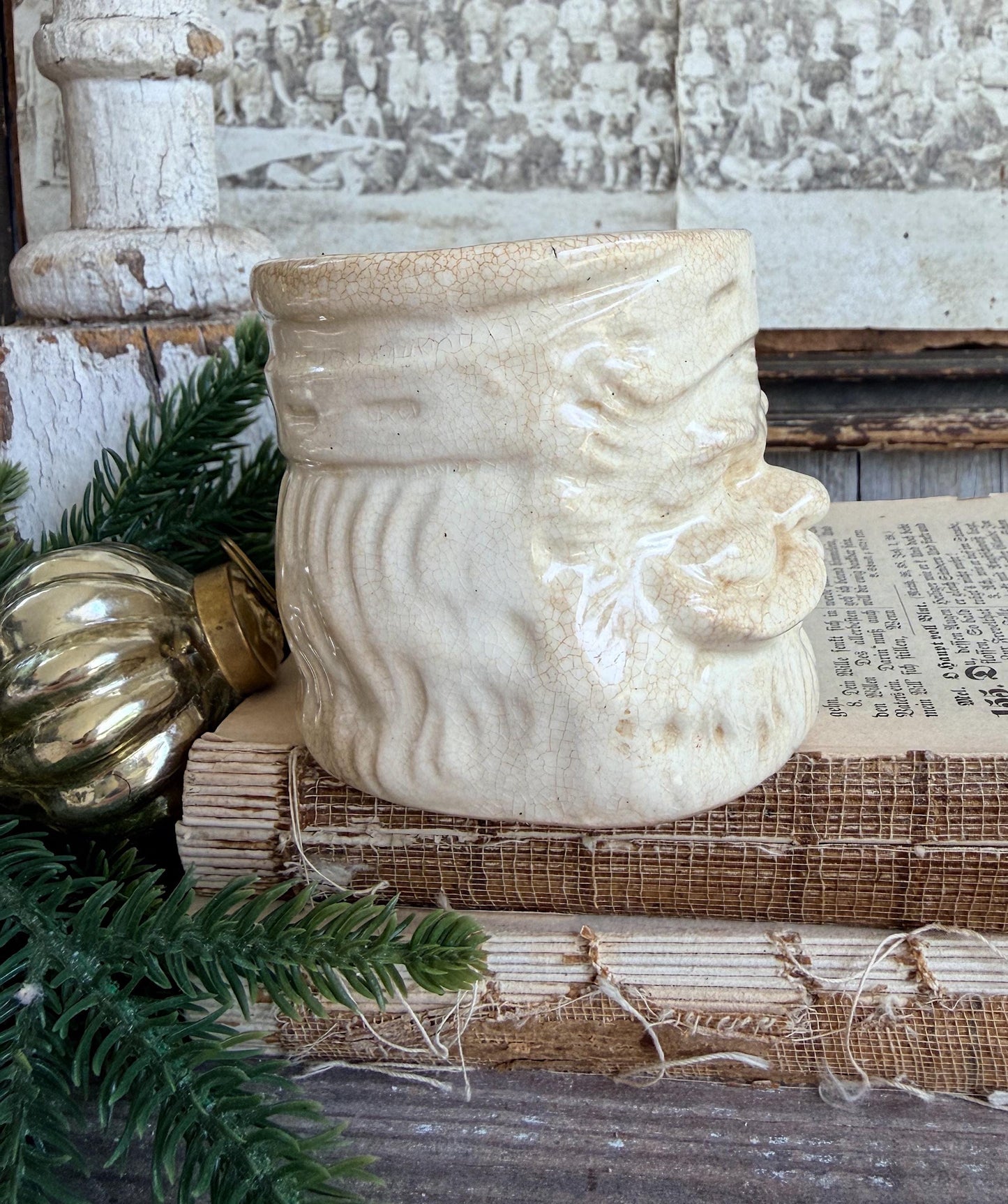 Vintage Ironstone Santa Claus Cup Mug FULL SIZE Creamy White Santa Farmhouse Christmas Decor RARE Japan Crazing Grungy Heavily Crazed