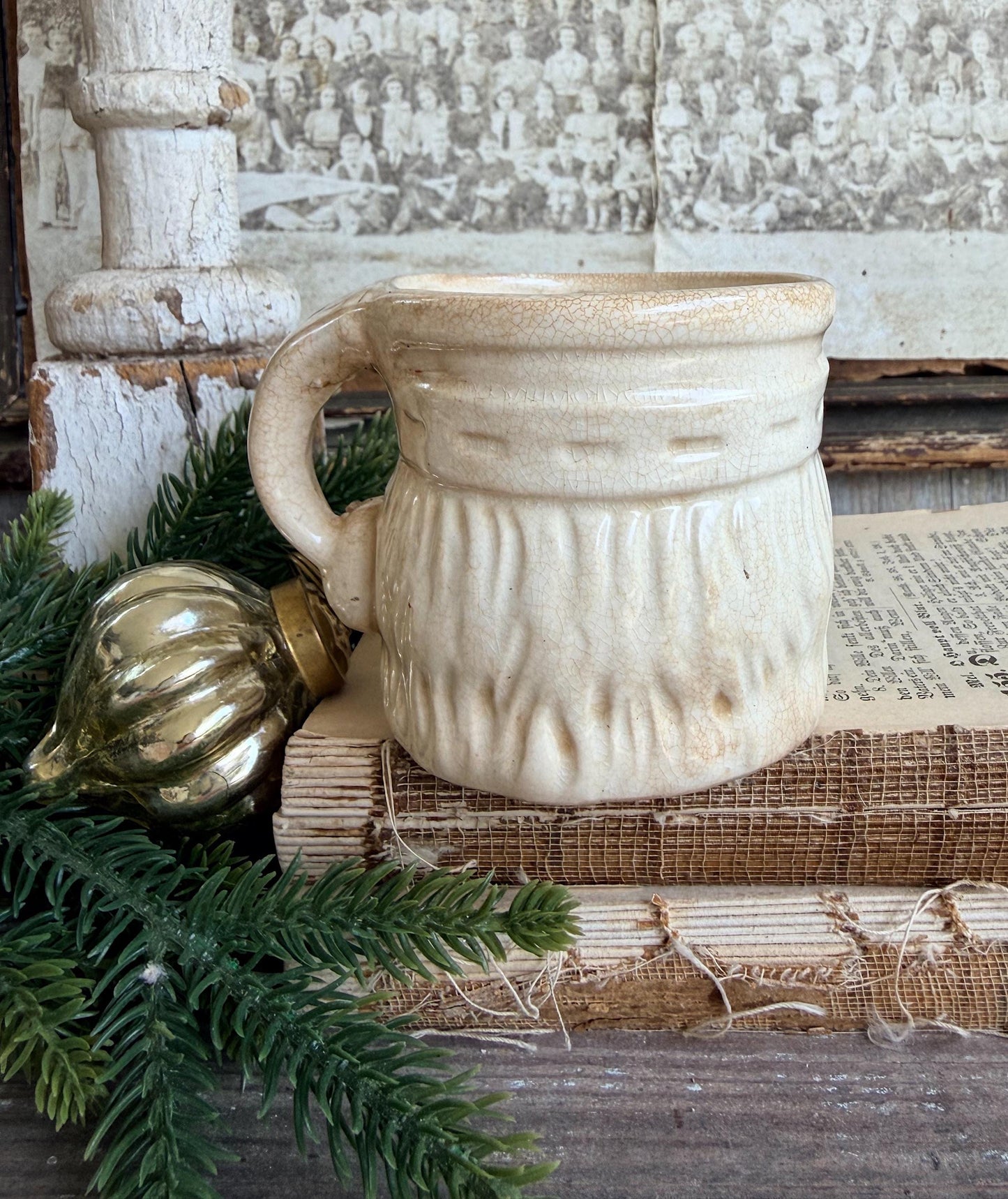 Vintage Ironstone Santa Claus Cup Mug FULL SIZE Creamy White Santa Farmhouse Christmas Decor RARE Japan Crazing Grungy Heavily Crazed