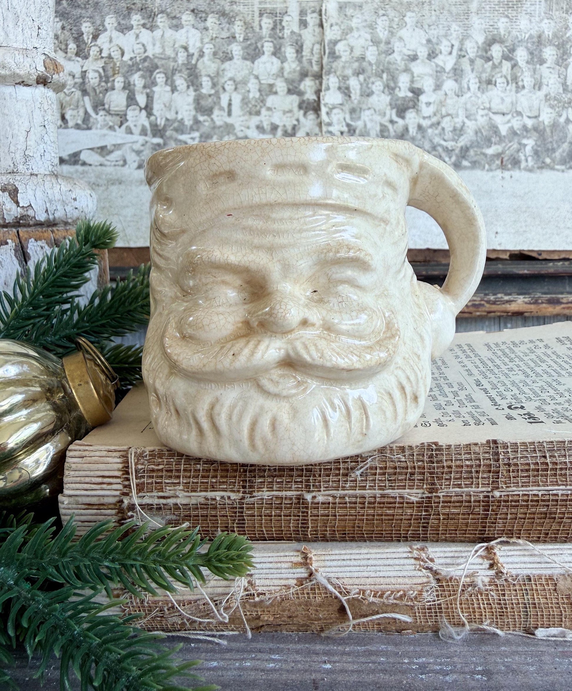 Vintage Ironstone Santa Claus Cup Mug FULL SIZE Creamy White Santa Farmhouse Christmas Decor RARE Japan Crazing Grungy Heavily Crazed