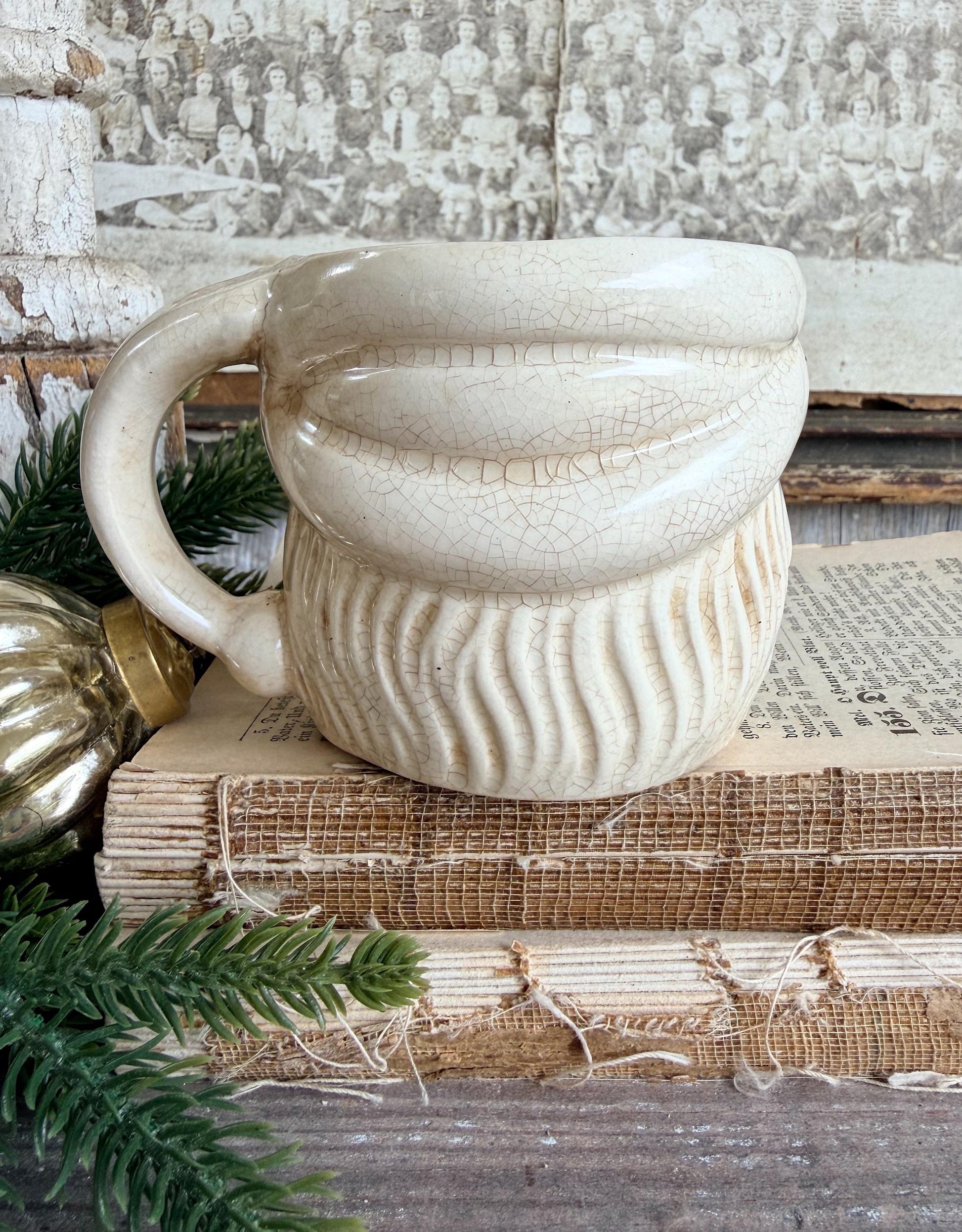 Vintage Ironstone Santa Claus Cup Mug FULL SIZE Creamy White Santa Farmhouse Christmas Decor RARE Japan Crazing Grungy Crazed