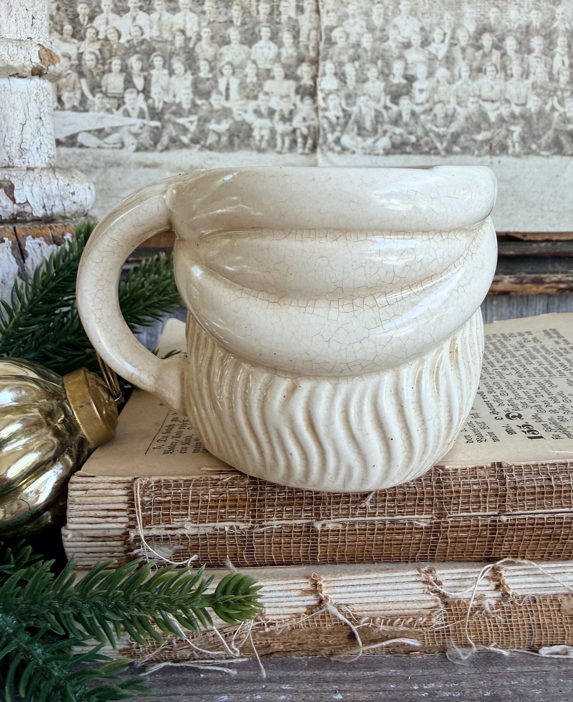 Vintage Ironstone Santa Claus Cup Mug FULL SIZE Creamy White Santa Farmhouse Christmas Decor RARE Japan Crazing Grungy Crazed