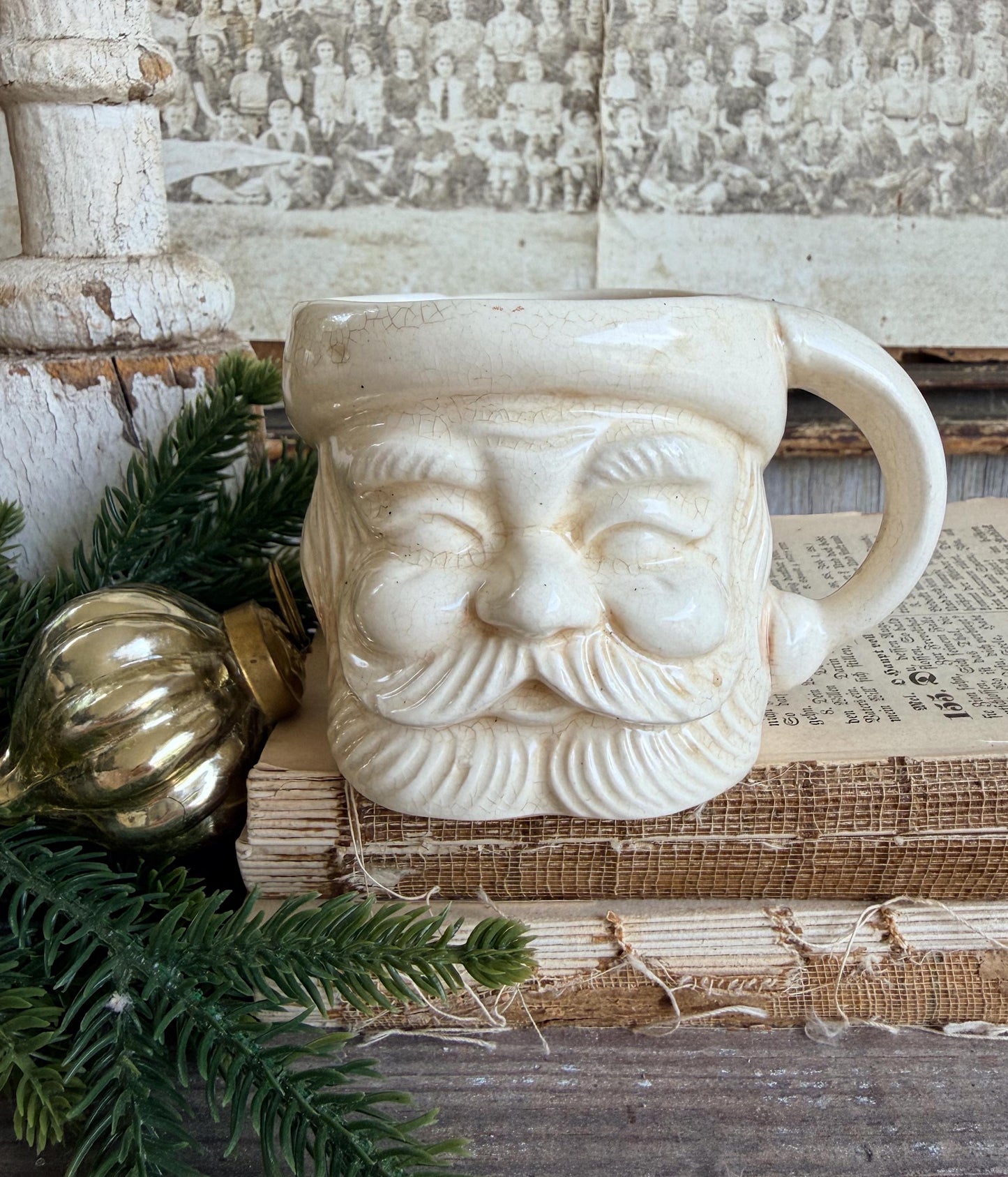 Vintage Ironstone Santa Claus Cup Mug FULL SIZE Creamy White Santa Farmhouse Christmas Decor RARE Japan Crazing Grungy Crazed