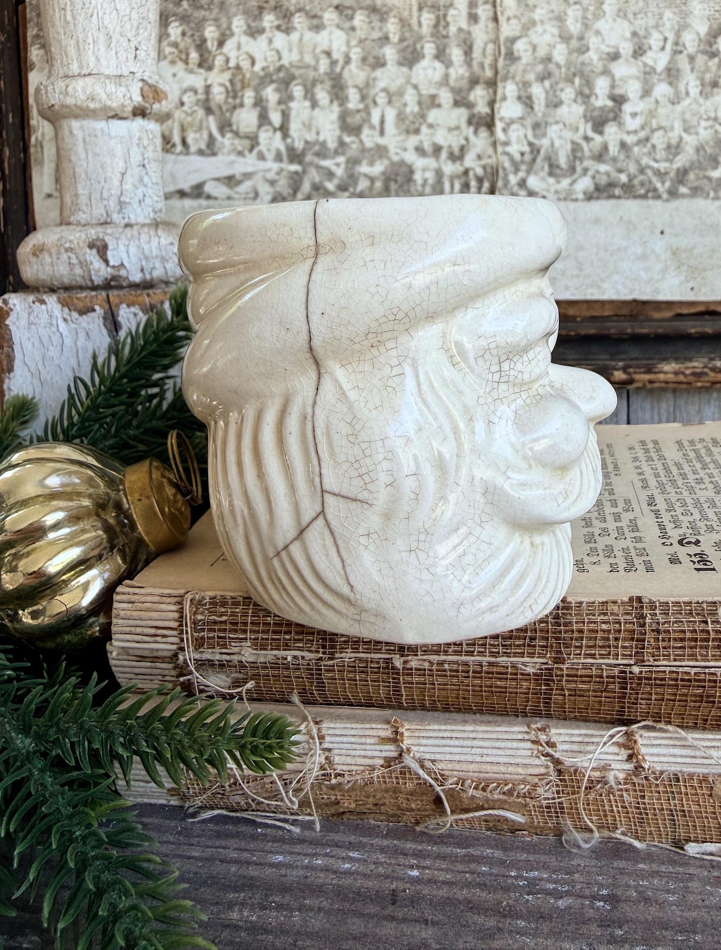 Vintage Ironstone Santa Claus Cup Mug FULL SIZE Creamy White Santa Farmhouse Christmas Decor RARE Japan Crazing Grungy Crazed