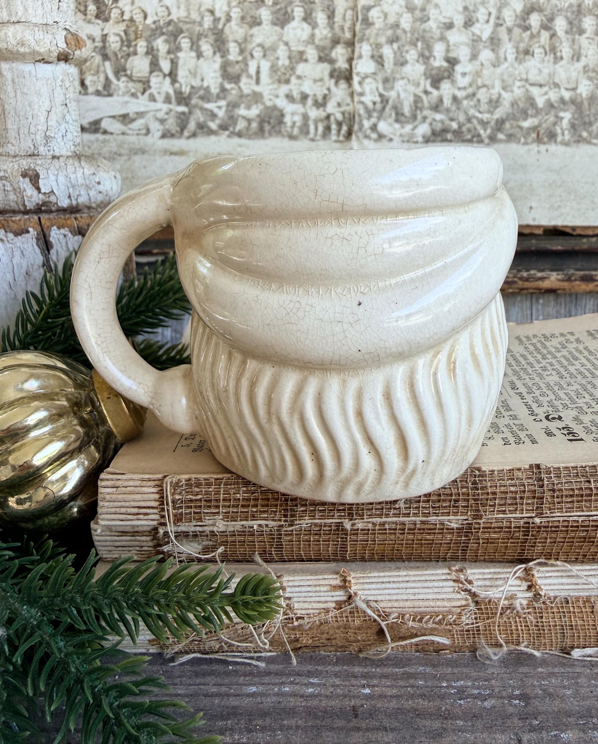 Vintage Ironstone Santa Claus Cup Mug FULL SIZE Creamy White Santa Farmhouse Christmas Decor RARE Japan Crazing Grungy Crazed