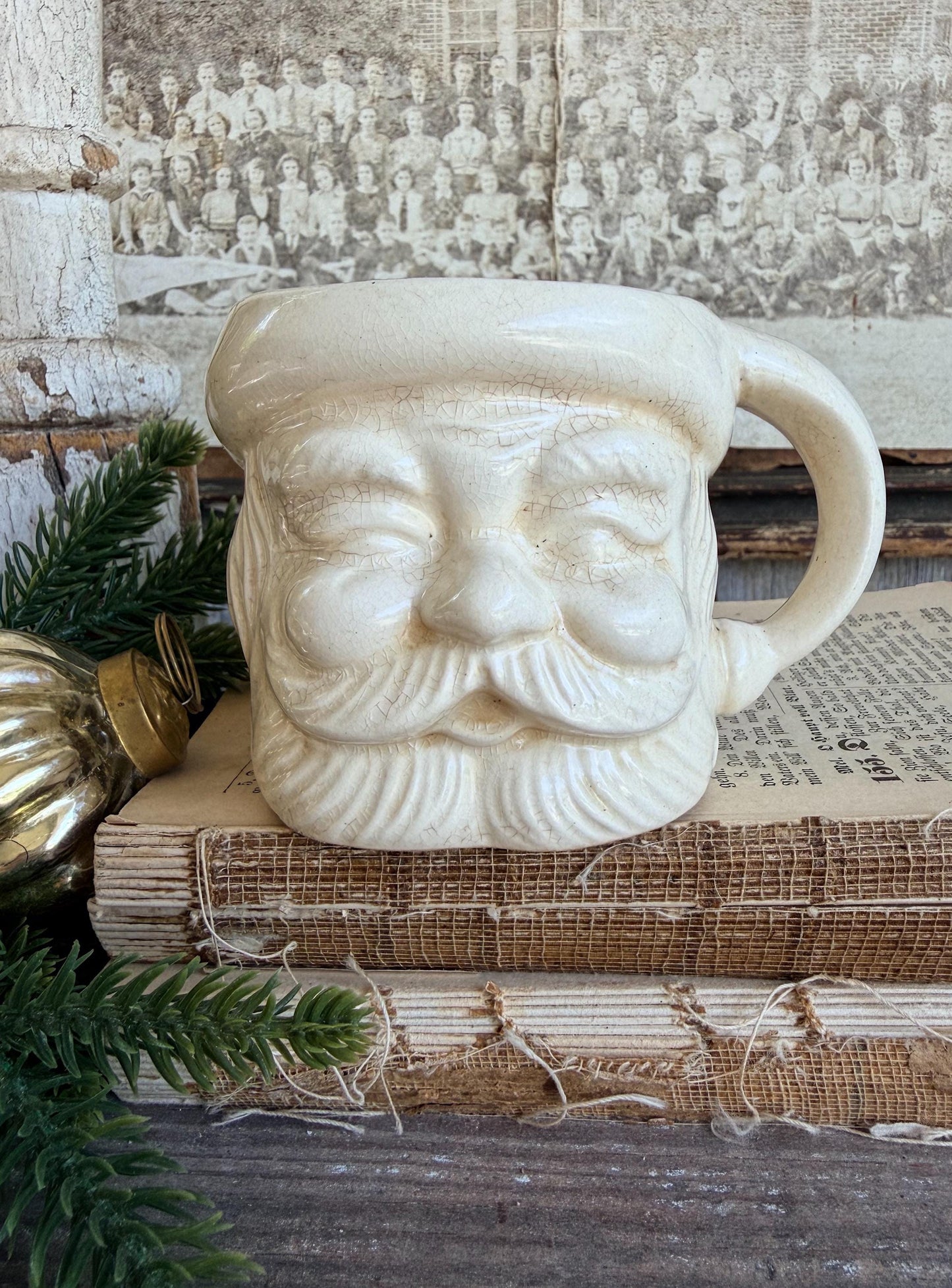 Vintage Ironstone Santa Claus Cup Mug FULL SIZE Creamy White Santa Farmhouse Christmas Decor RARE Japan Crazing Grungy Crazed