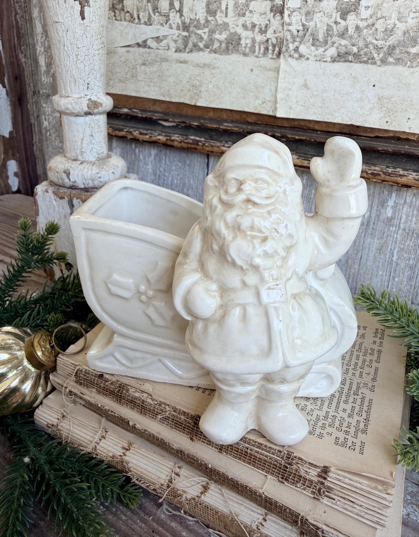 Vintage SANTA SLEIGH PLANTER White Ironstone Farmhouse Christmas Decor Japan