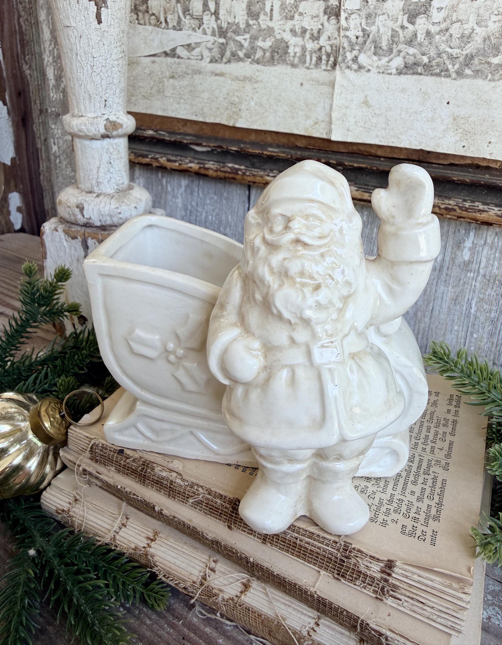 Vintage SANTA SLEIGH PLANTER White Ironstone Farmhouse Christmas Decor Japan