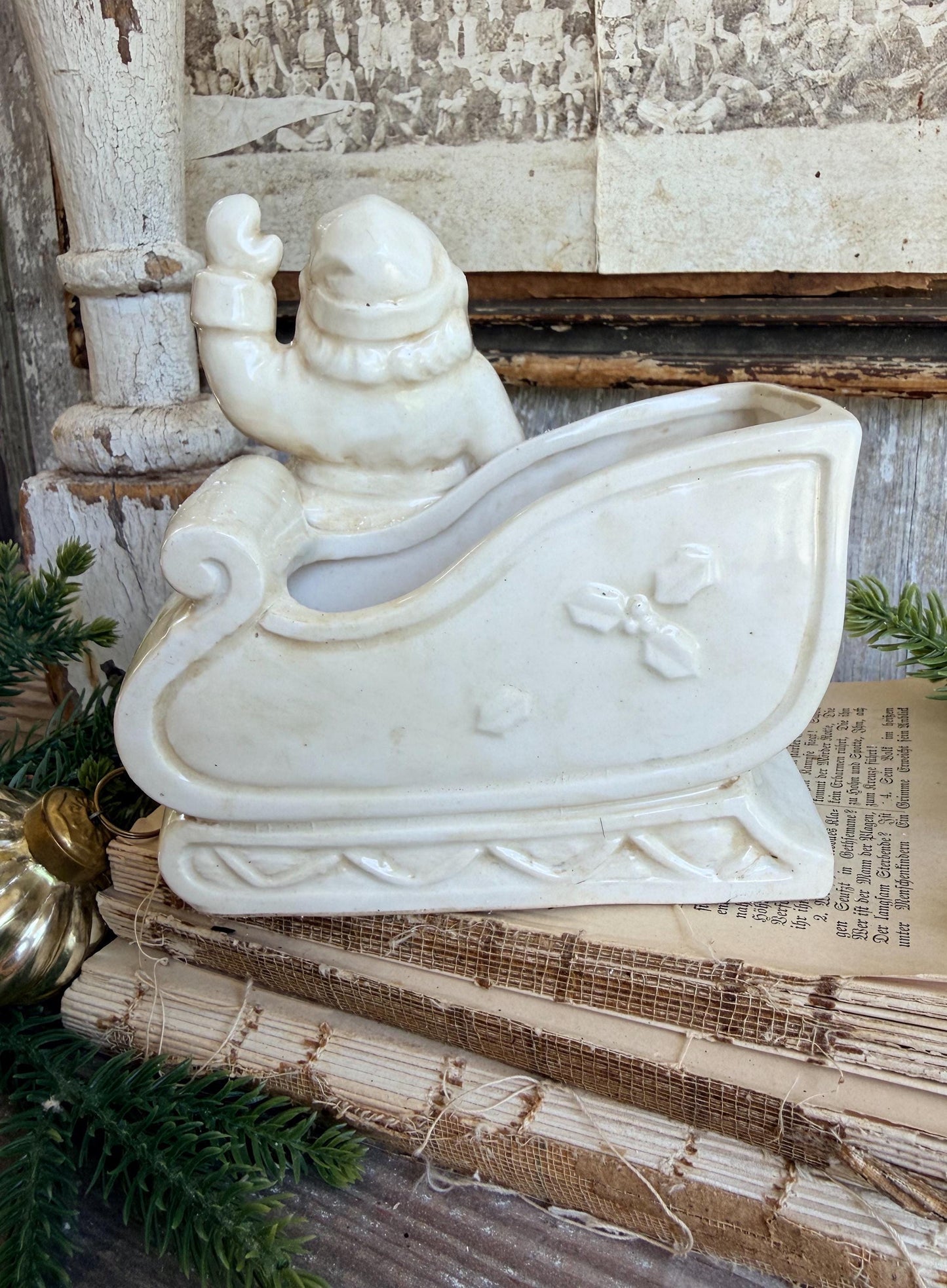 Vintage SANTA SLEIGH PLANTER White Ironstone Farmhouse Christmas Decor Japan