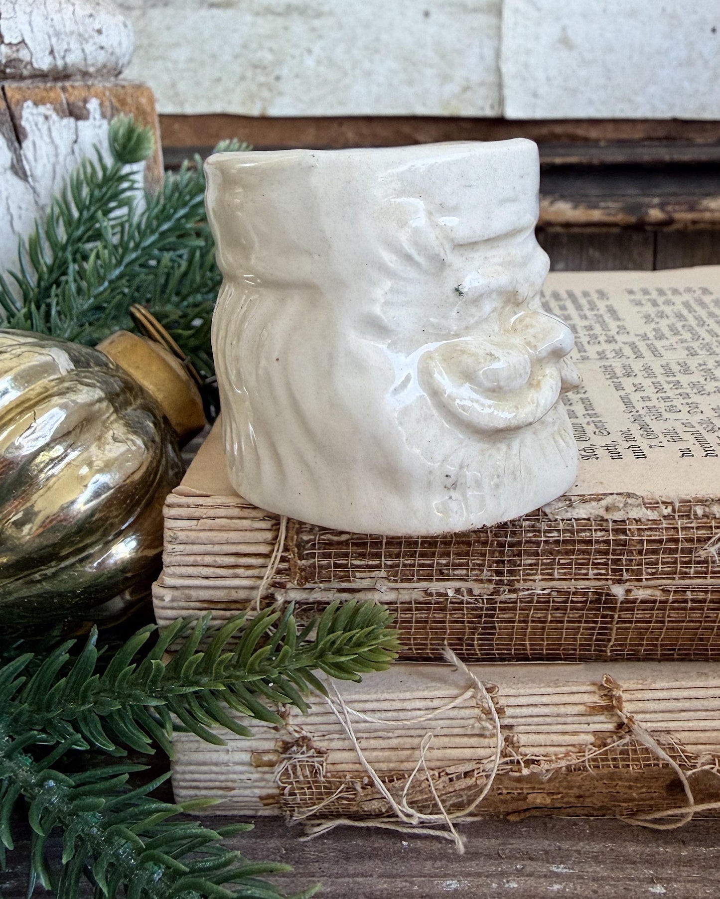 Vintage Ironstone Santa Claus Cup Mini Mug Santa Crazed Stained WHITE Farmhouse Christmas Decor JAPAN