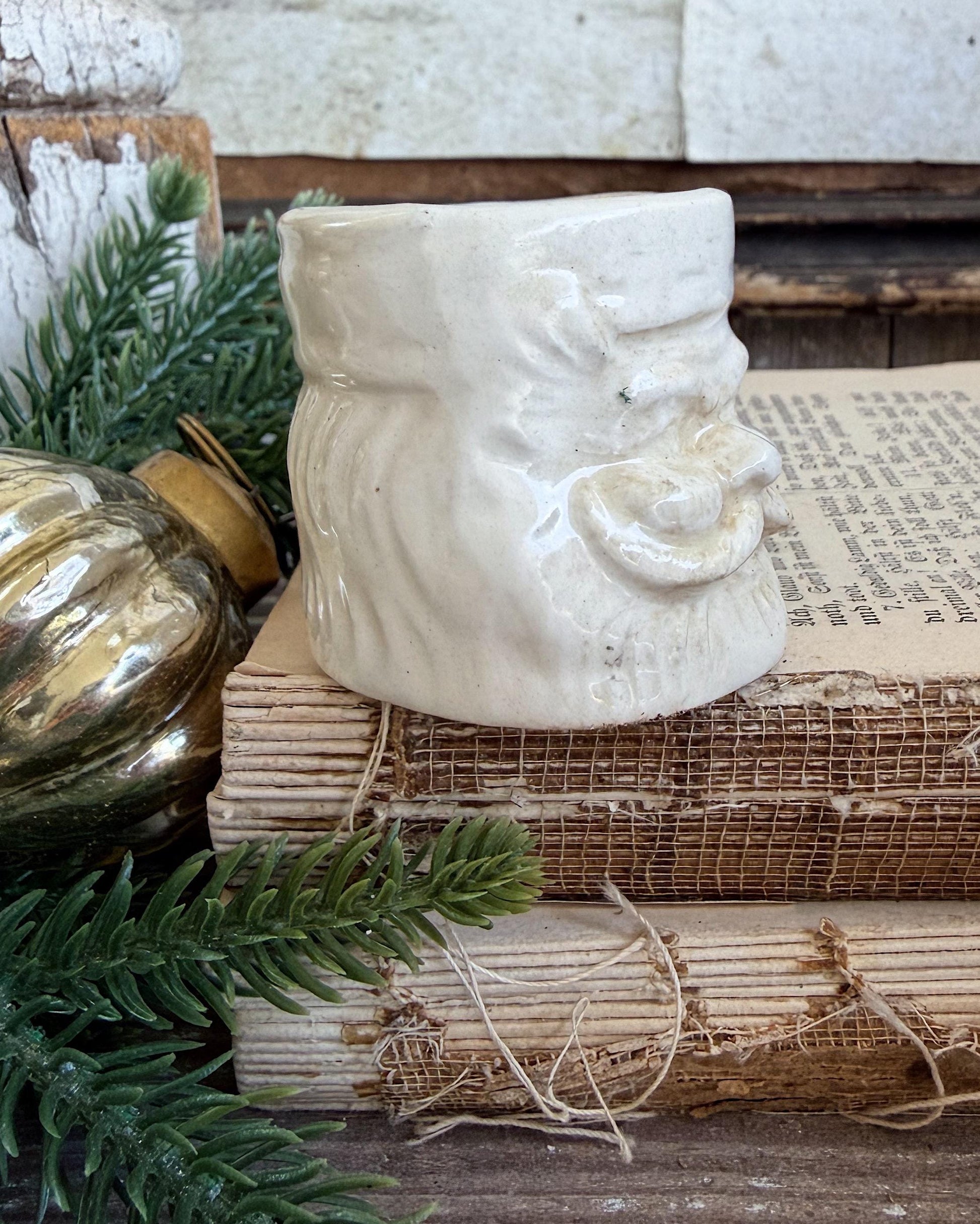 Vintage Ironstone Santa Claus Cup Mini Mug Santa Crazed Stained WHITE Farmhouse Christmas Decor JAPAN