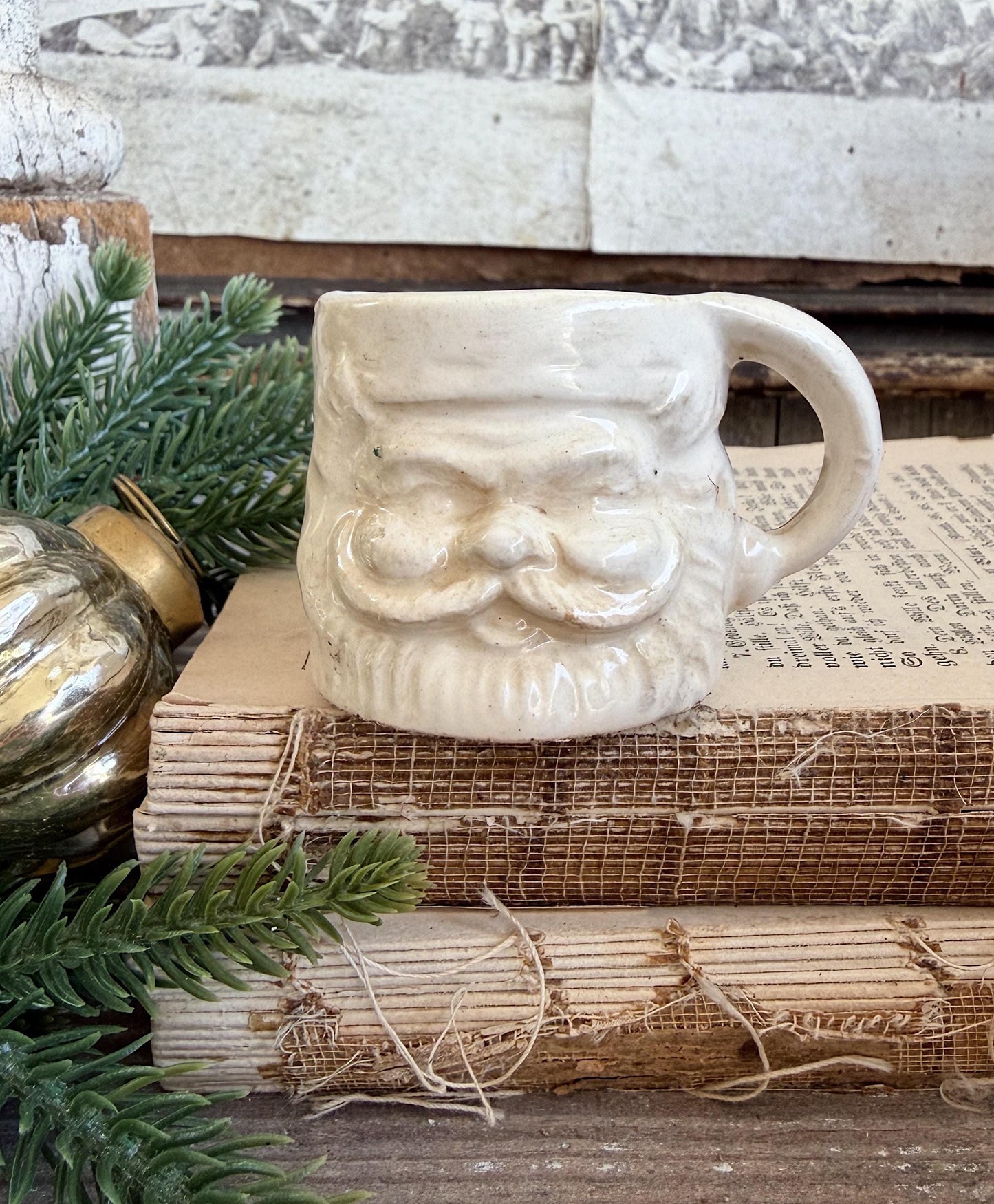 Vintage Ironstone Santa Claus Cup Mini Mug Santa Crazed Stained WHITE Farmhouse Christmas Decor JAPAN