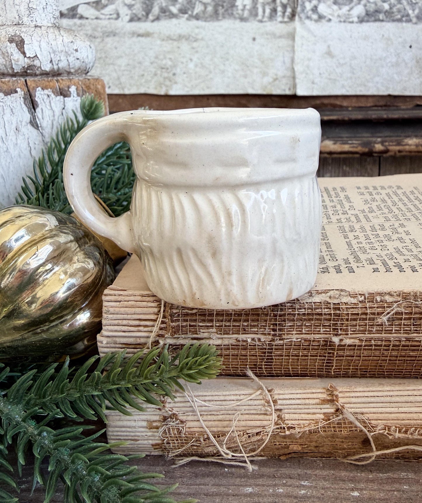 Vintage Ironstone Santa Claus Cup Mini Mug Santa Crazed Stained WHITE Farmhouse Christmas Decor JAPAN