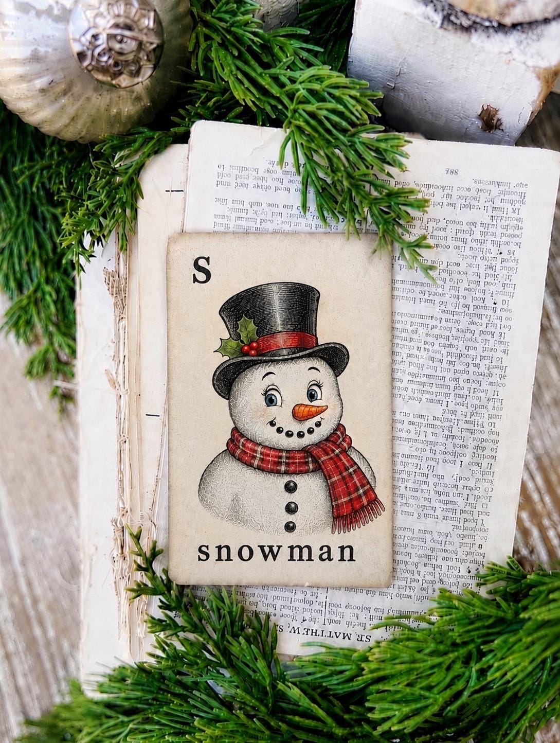 SNOWMAN Flash Card Vintage Christmas Farmhouse Decor Party