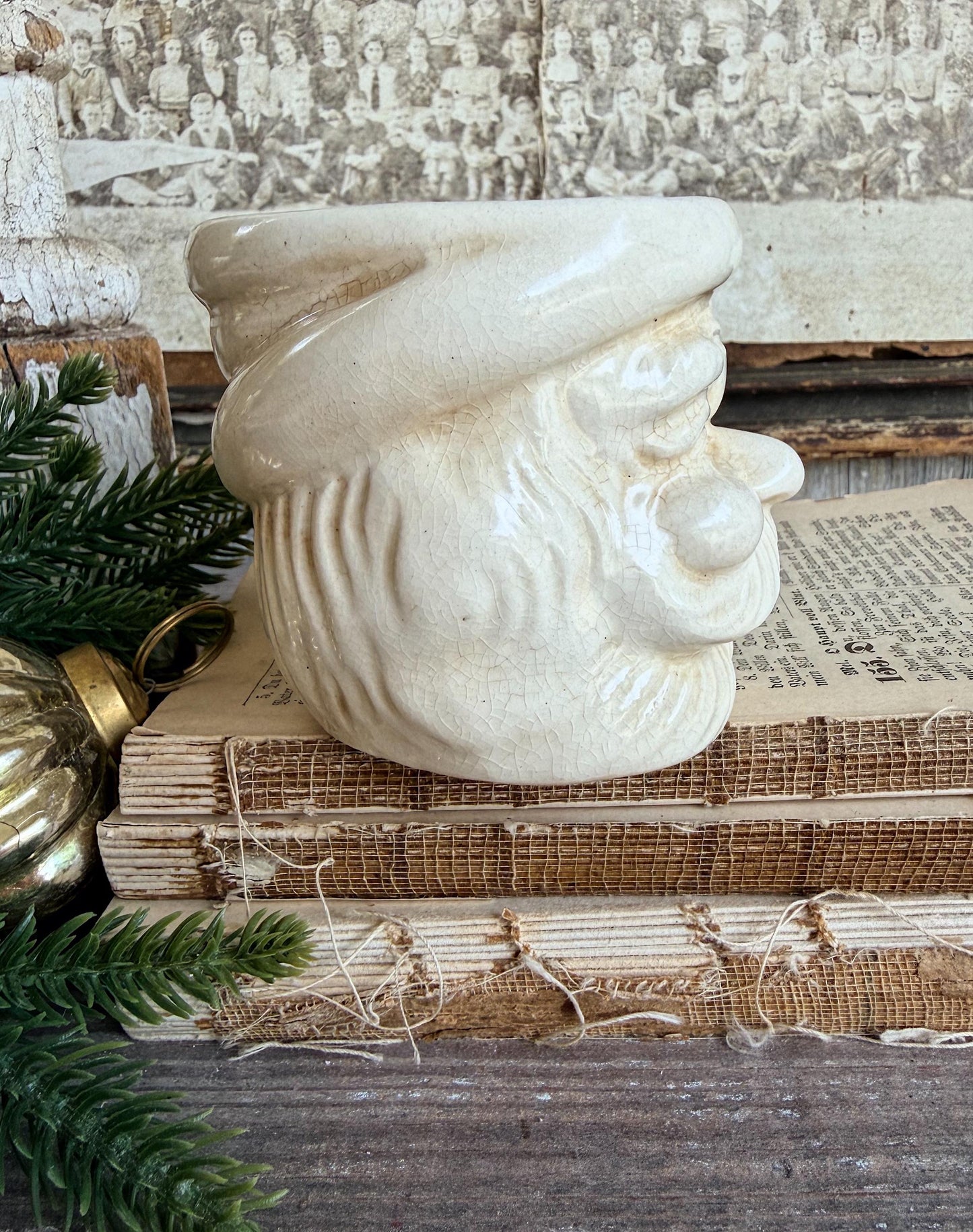 Vintage Ironstone Santa Claus Cup Mug FULL SIZE Creamy White Santa Farmhouse Christmas Decor RARE Japan Crazing Grungy Crazed