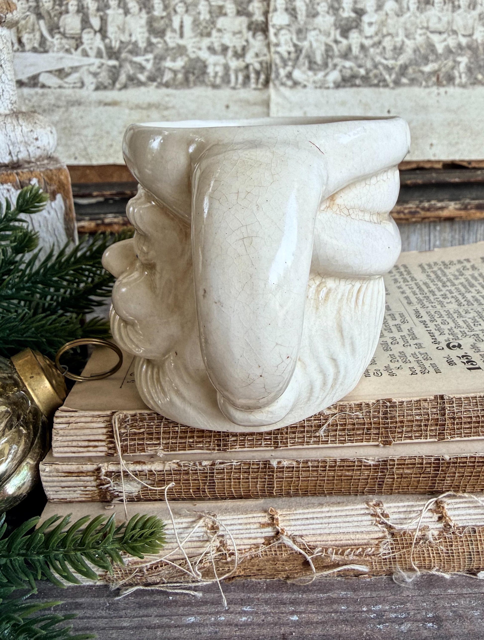 Vintage Ironstone Santa Claus Cup Mug FULL SIZE Creamy White Santa Farmhouse Christmas Decor RARE Japan Crazing Grungy Crazed