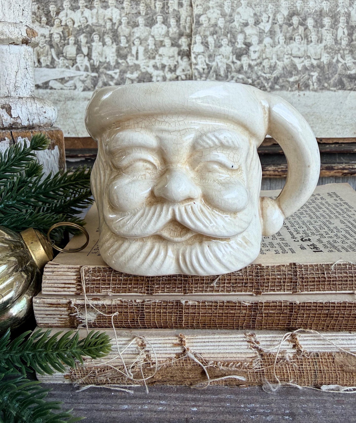 Vintage Ironstone Santa Claus Cup Mug FULL SIZE Creamy White Santa Farmhouse Christmas Decor RARE Japan Crazing Grungy Crazed