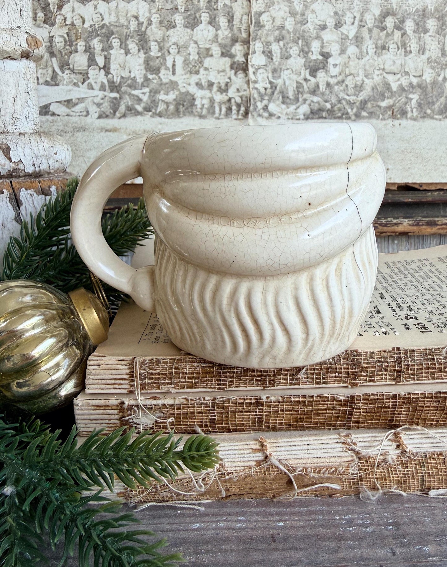 Vintage Ironstone Santa Claus Cup Mug FULL SIZE Creamy White Santa Farmhouse Christmas Decor RARE Japan Crazing Grungy Crazed