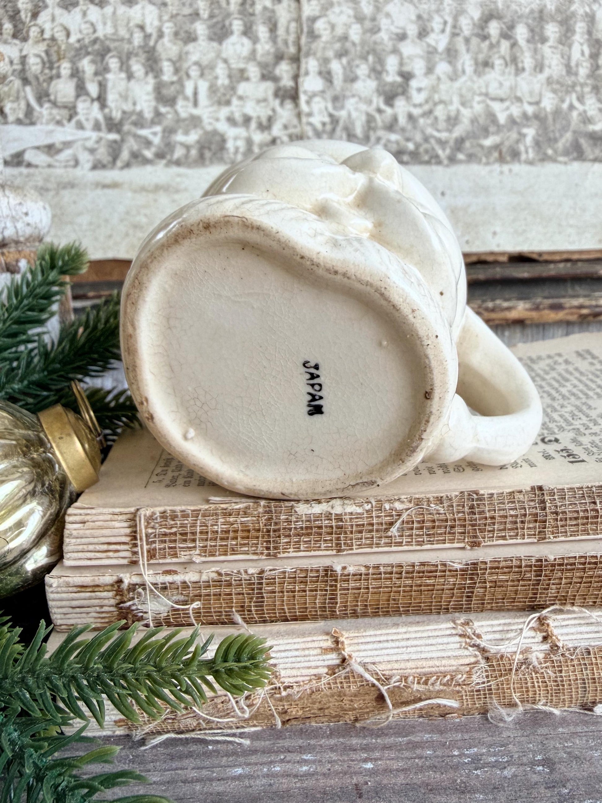 Vintage Ironstone Santa Claus Cup Mug FULL SIZE Creamy White Santa Farmhouse Christmas Decor RARE Japan Crazing Grungy Crazed