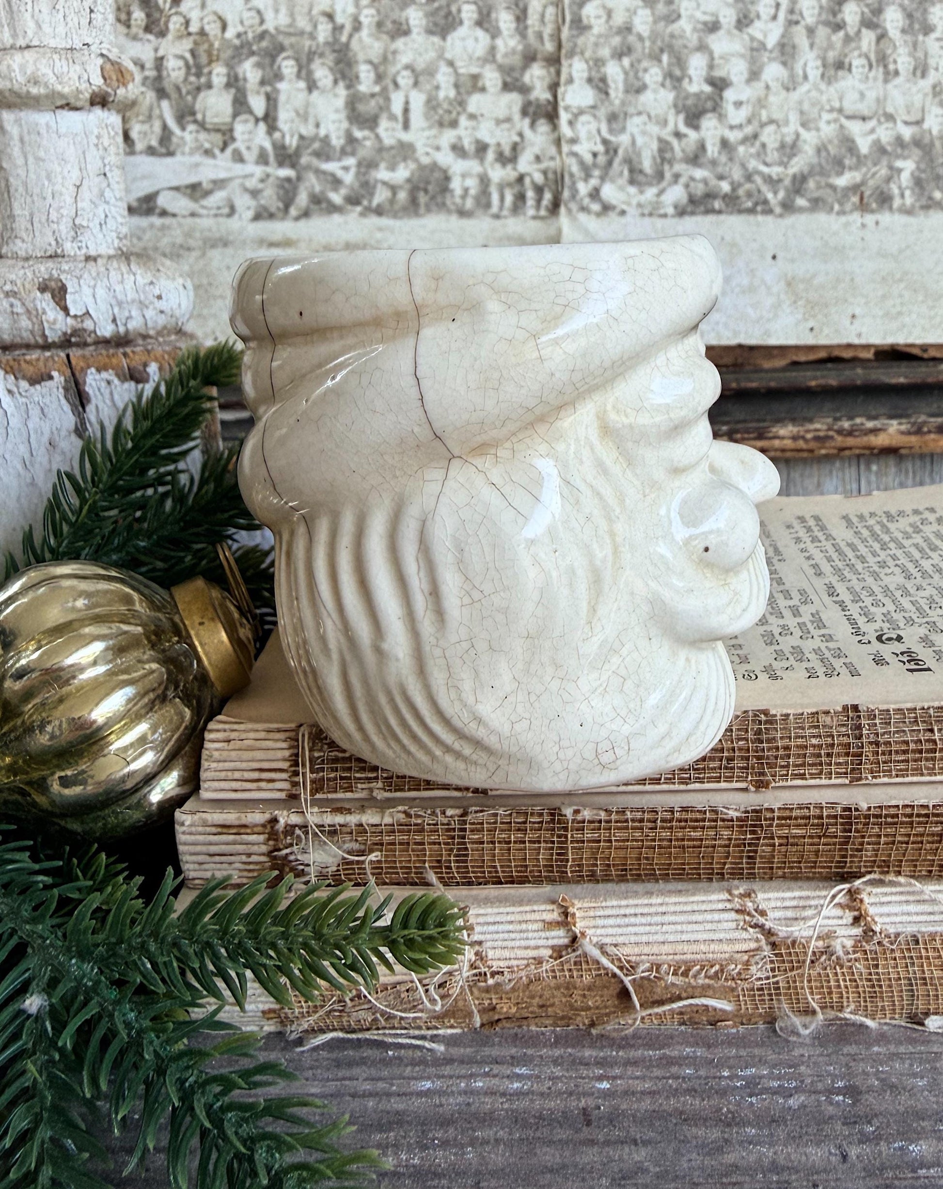 Vintage Ironstone Santa Claus Cup Mug FULL SIZE Creamy White Santa Farmhouse Christmas Decor RARE Japan Crazing Grungy Crazed